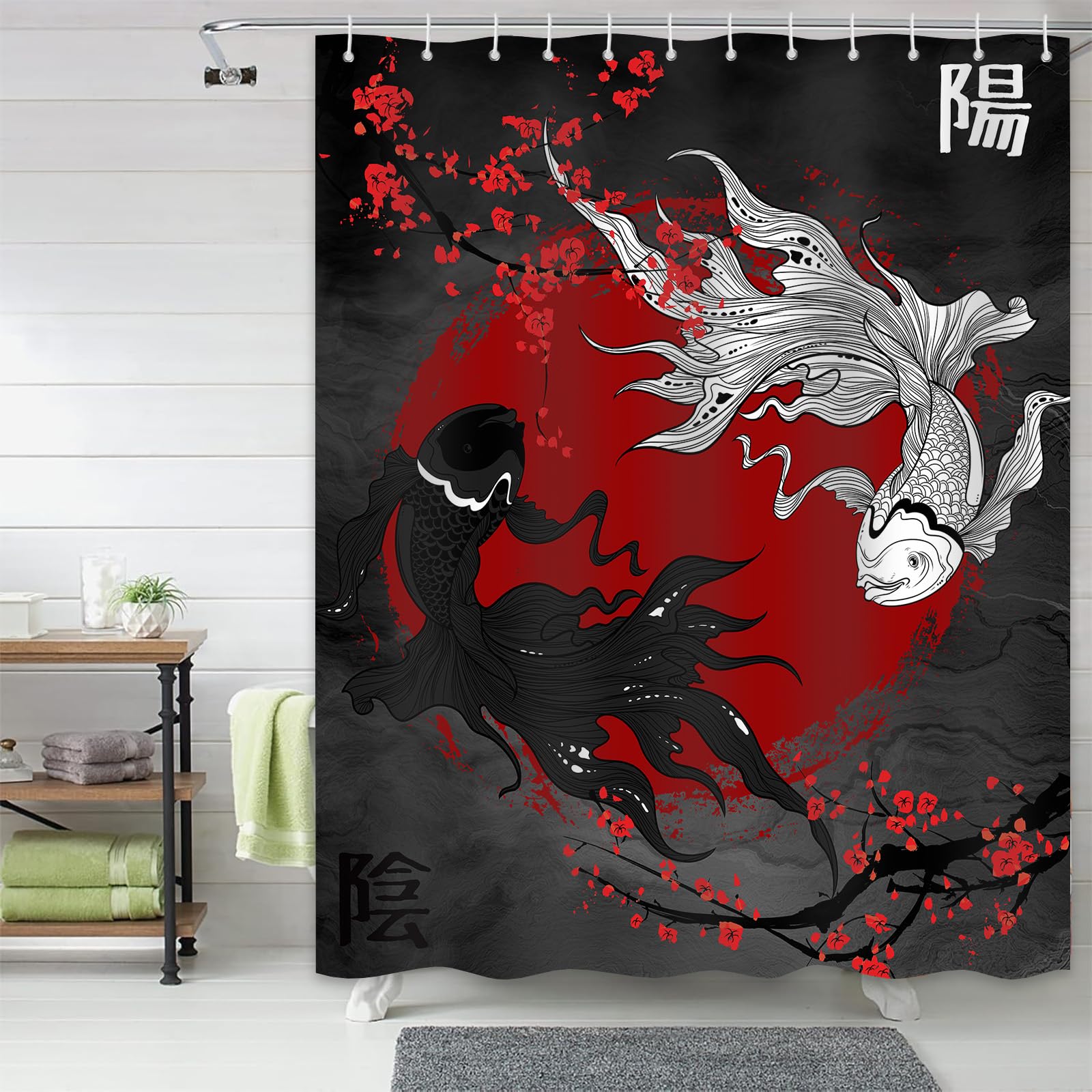 Dltay Japanese Shower Curtain Koi Fish Yin Yang Black And Red Asian Oriental Bathroom Decor, Waterproof Cloth Fabric With Hooks,