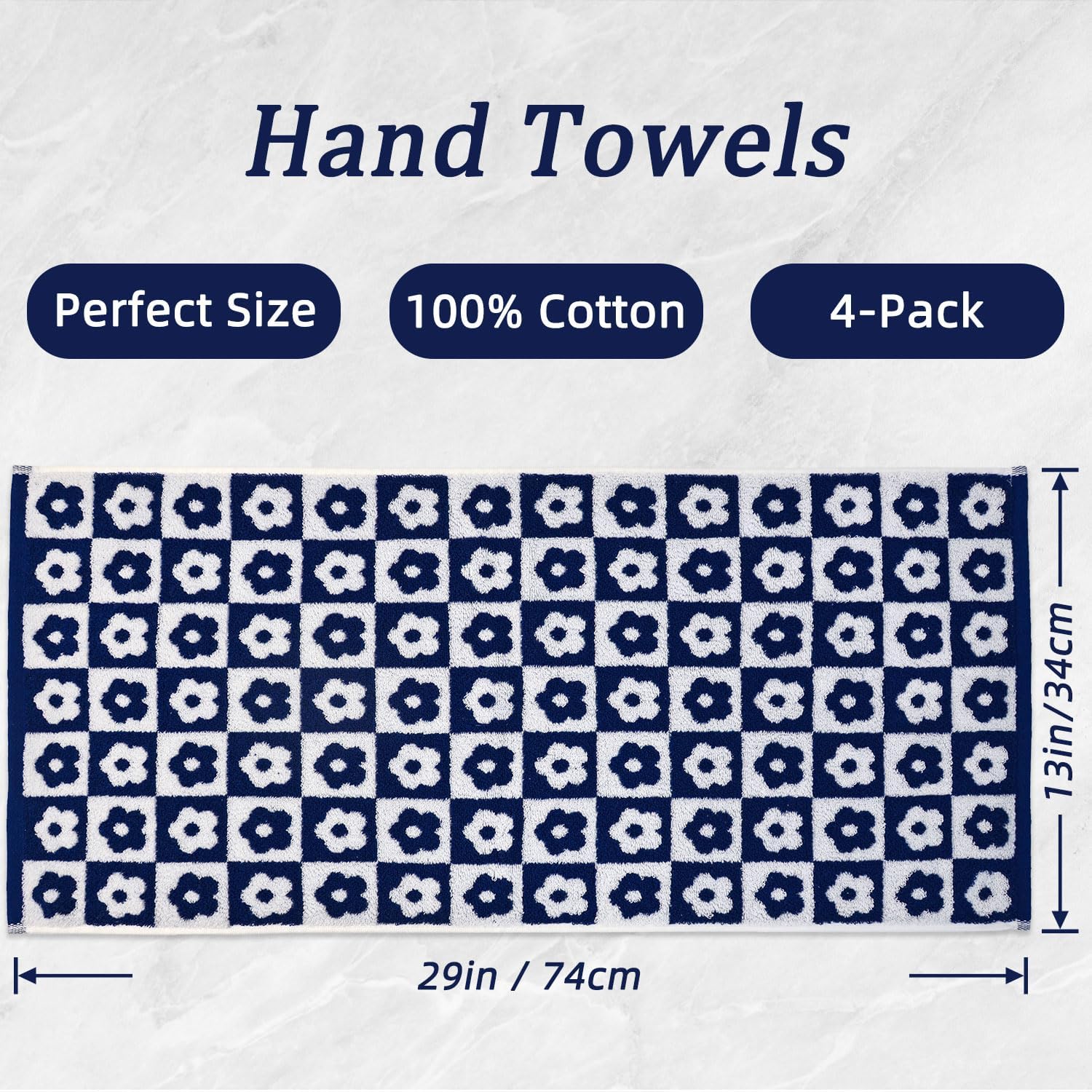 Jacquotha Hand Towels For Bathroom Navy Blue & White - Checkered Floral Decorative Hand Towel Set Of 4, 100% Cotton, 13X29 Inche