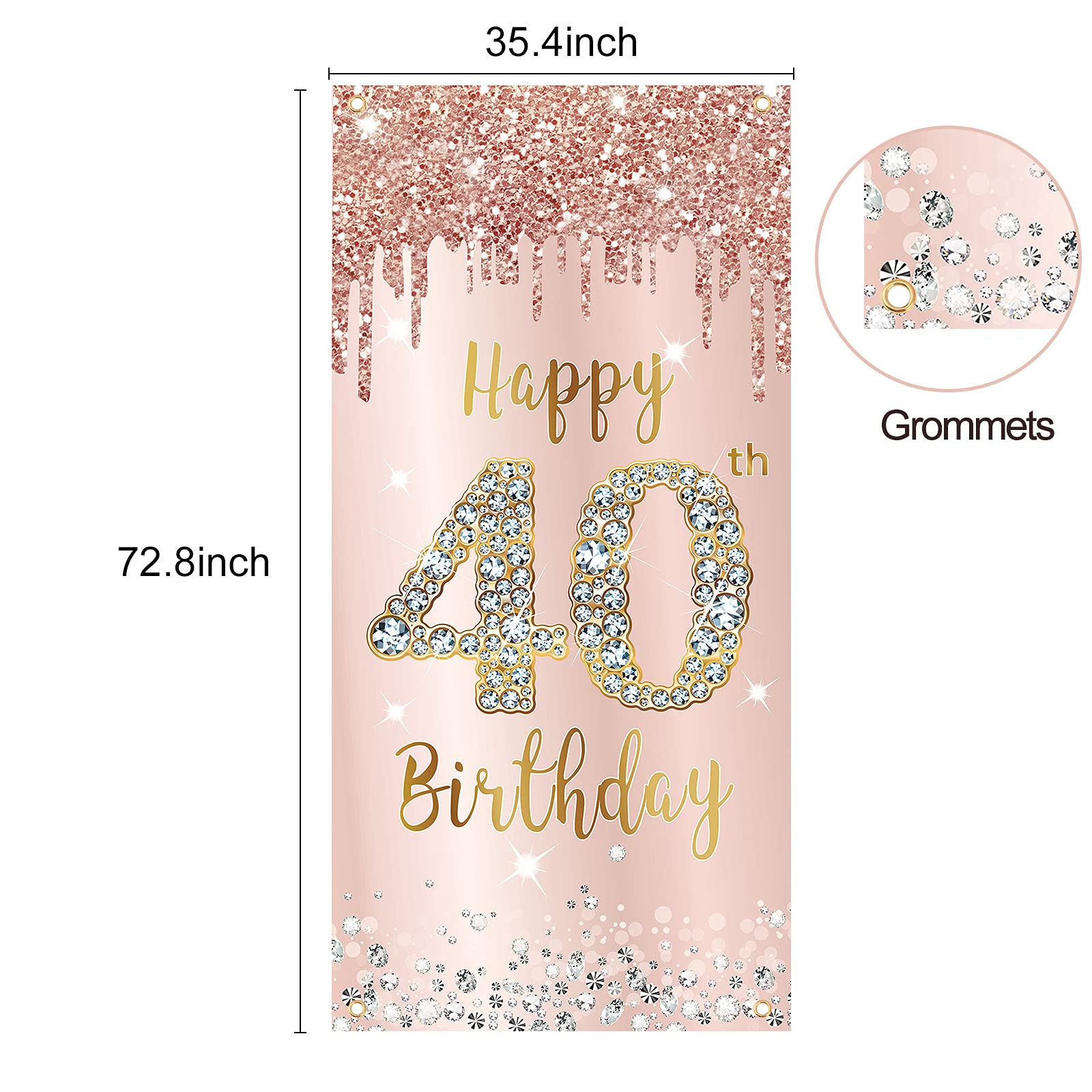 40Th Birthday Door Banner Decorations For Women, Pink Rose Gold Happy 40Th Birthday Door Cover Party Supplies, Large Forty Year