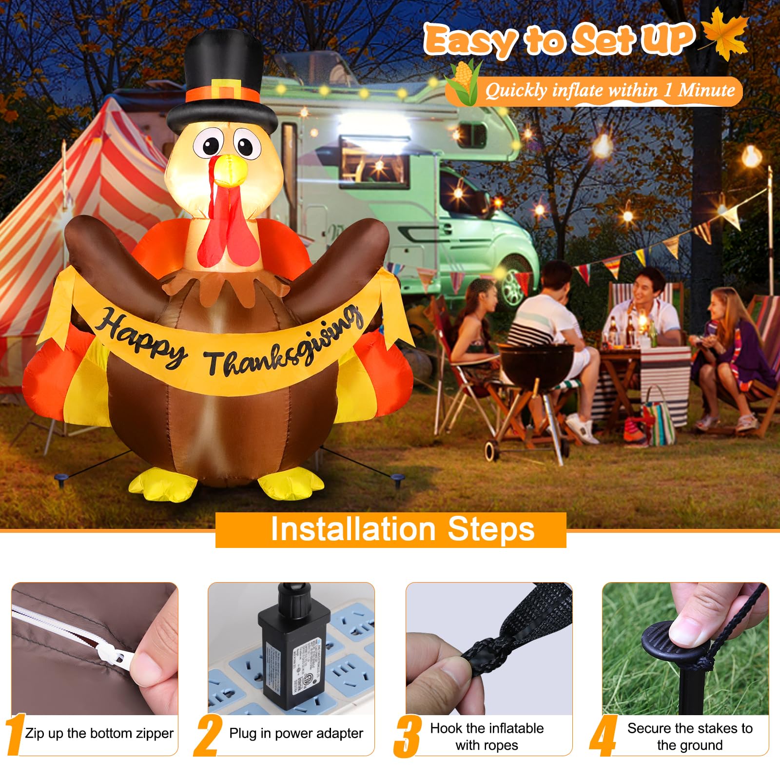 FunFanso Thanksgiving Inflatables Turkey Outdoor Decorations with Built-in LED Lights, 4.5FT Tall Blow Up Turkey with Pilgrim Ha