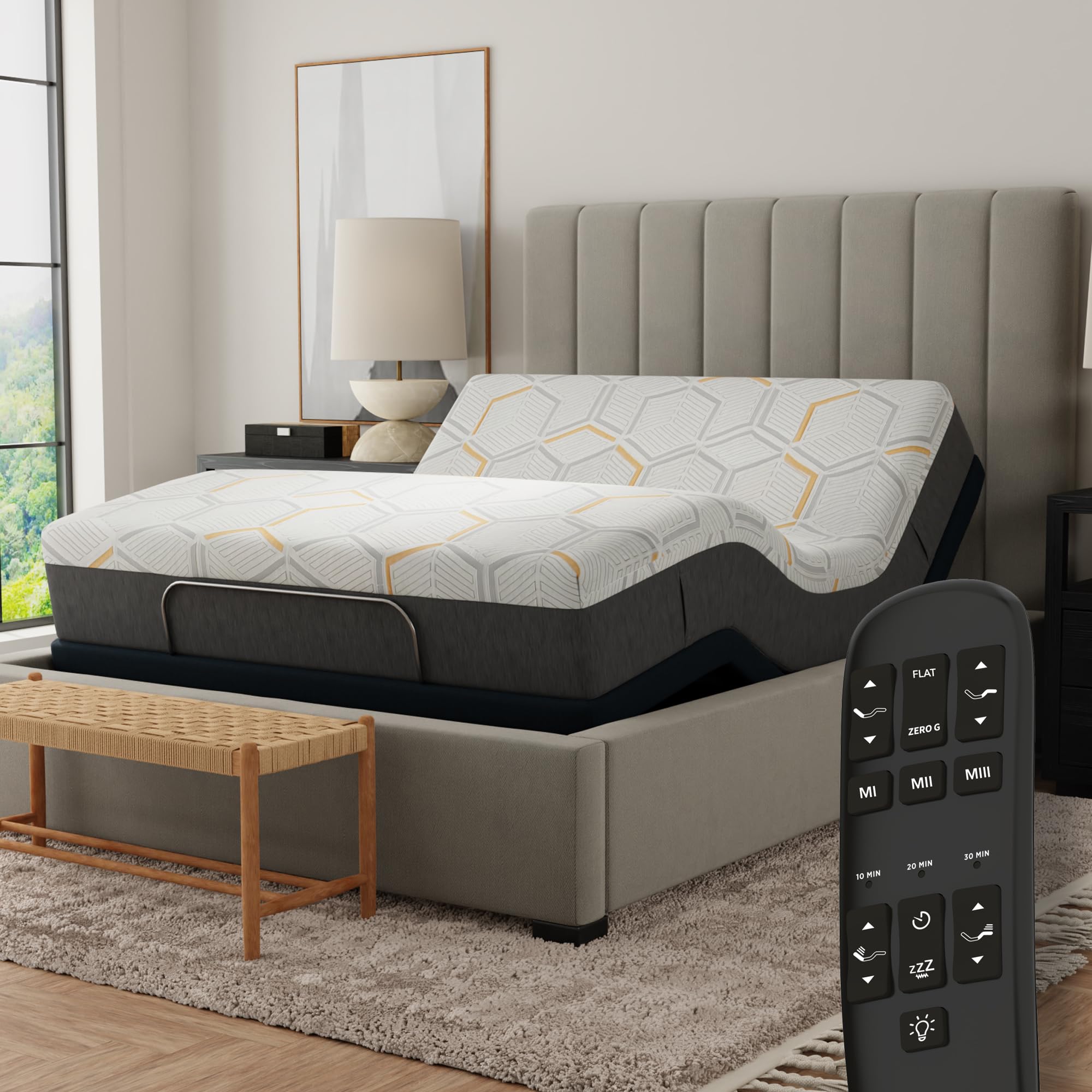 Blissful Nights E4 King Adjustable Bed Base Frame With 12'' Medium Firm Copper And Gel Infused Memory Foam Mattress