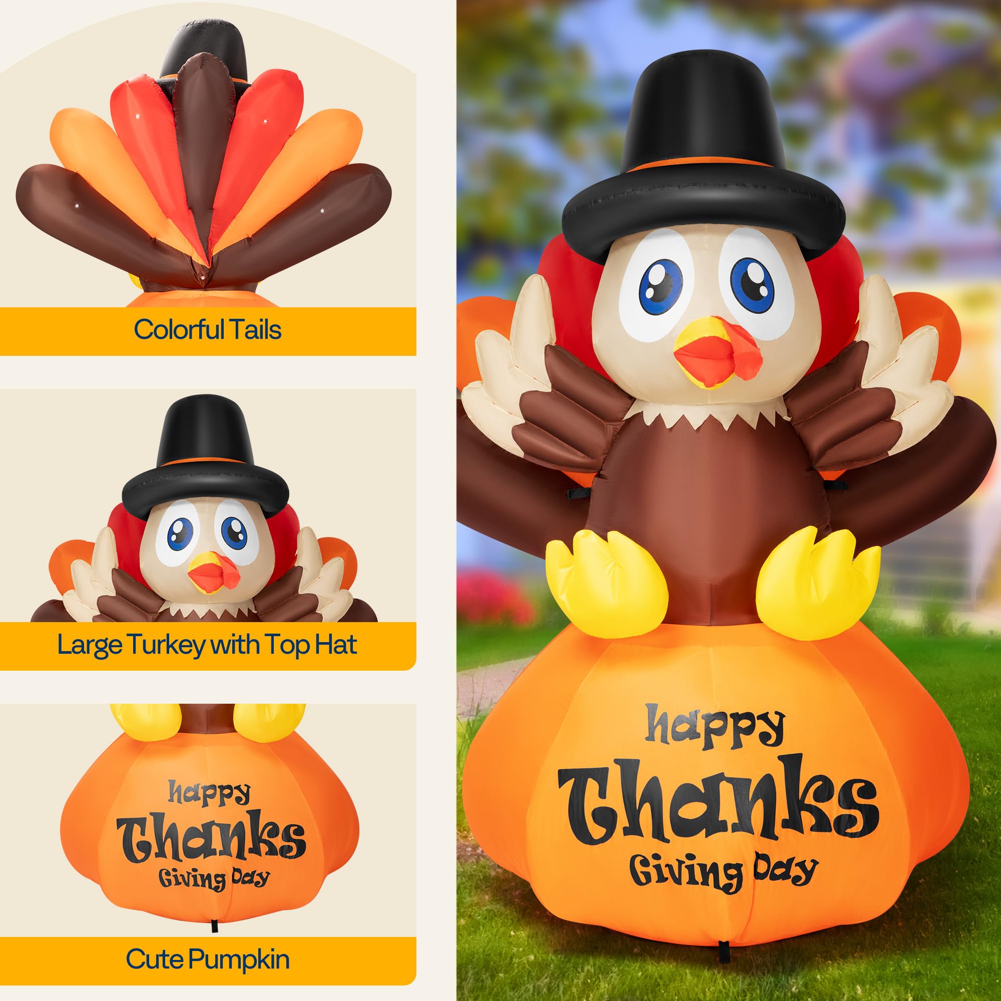 VIVOHOME 6ft Height Thanksgiving Inflatable LED Lighted Turkey on Pumpkin Blow up Outdoor Lawn Yard Decoration