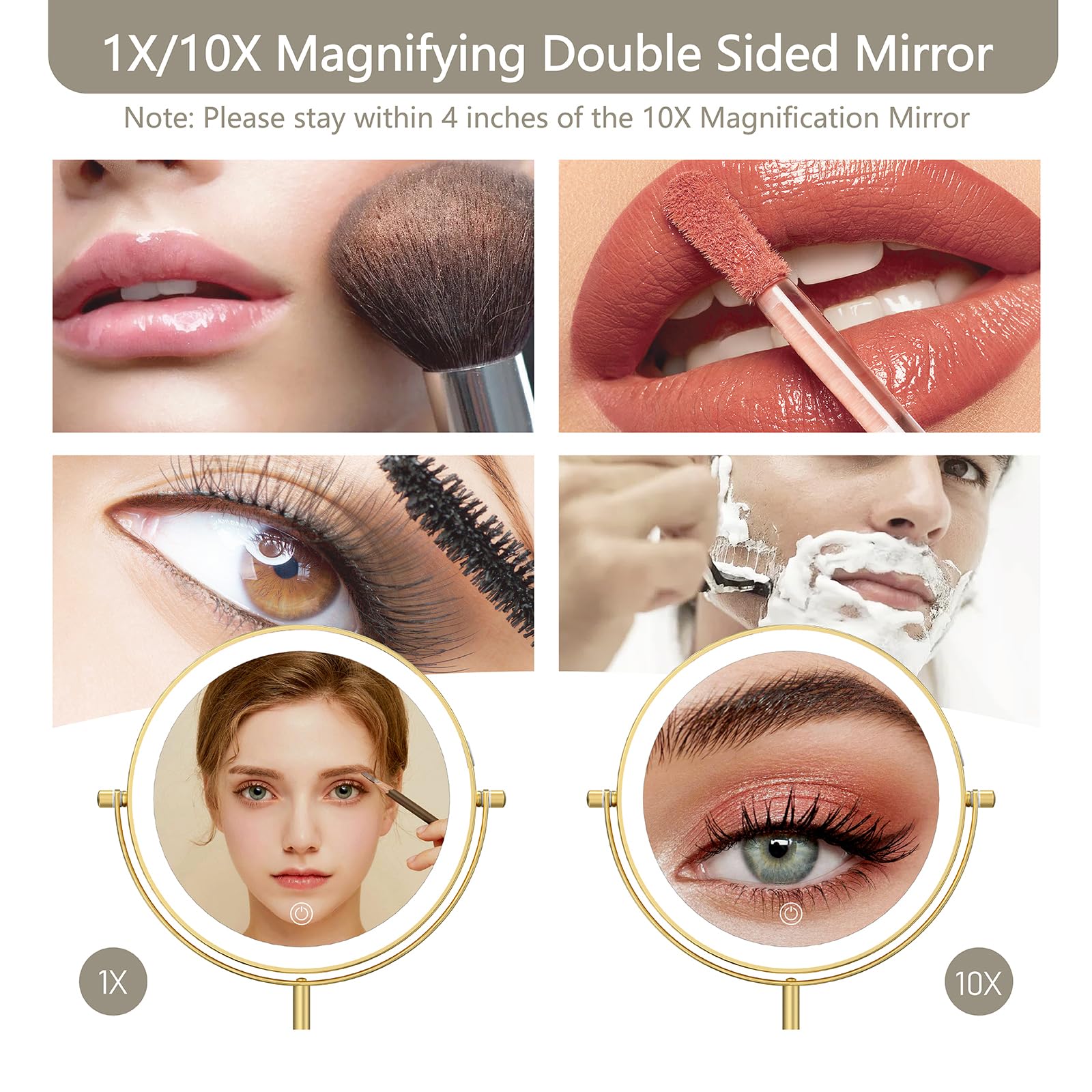Miroamz 8'' Lighted Makeup Mirror, 1X/10X Magnification Mirror With Lights, Double Sided Dimmable Mirror, Rechargeable & Brightn