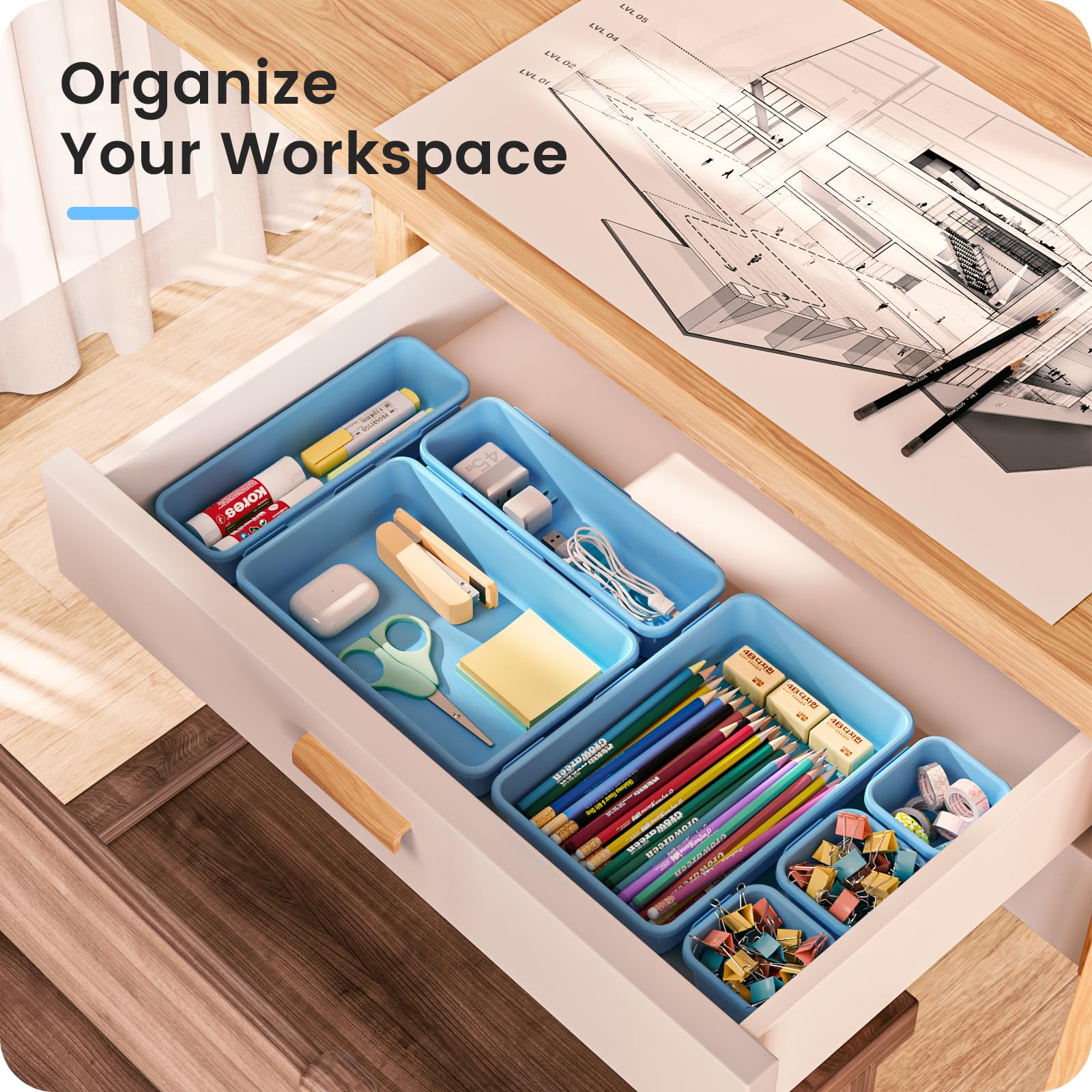 A-LuGei ???????????? Plastic Sky Blue Desk Drawer Organizer, Bathroom Organizers and Storage, Makeup Organizer, Organization and