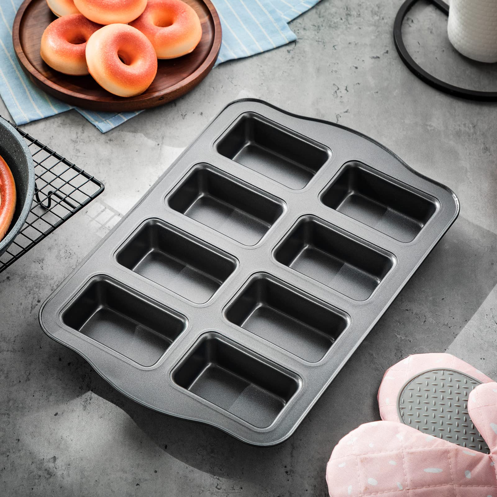 Yinder 4 Pcs Mini Loaf Pan, Carbon Steel With Non-Stick Coating, Rectangular, 17 X 9.45 X 1.18 Inch, Black Gray