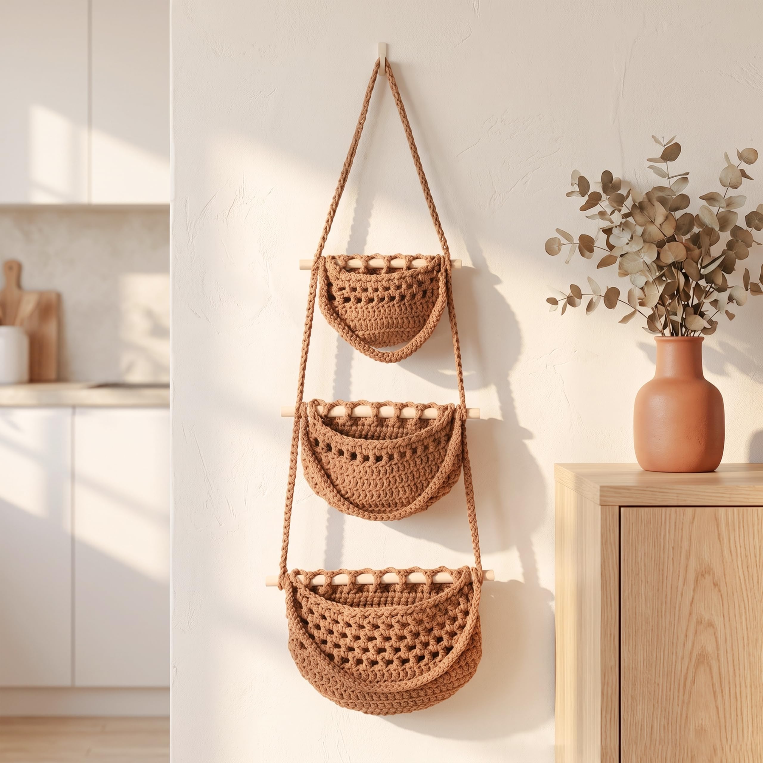 Small Hanging Fruit Basket, Simple Rustic Style 3 Tier Woven Wall Basket