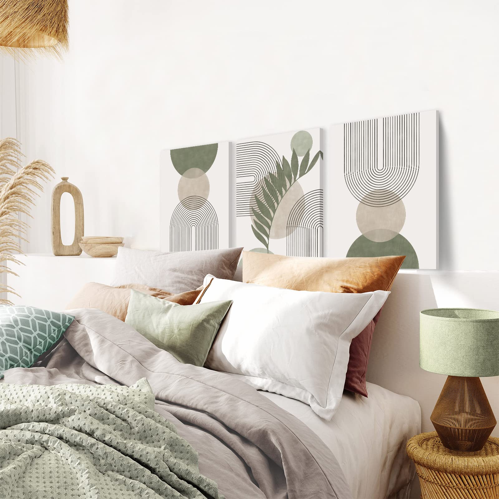 Sage Green Boho Wall Art Set Of 3, Minimalist Framed Wall Art Geometric Line Leaf Sun Moon Beige Green Canvas Artwork Paintings,