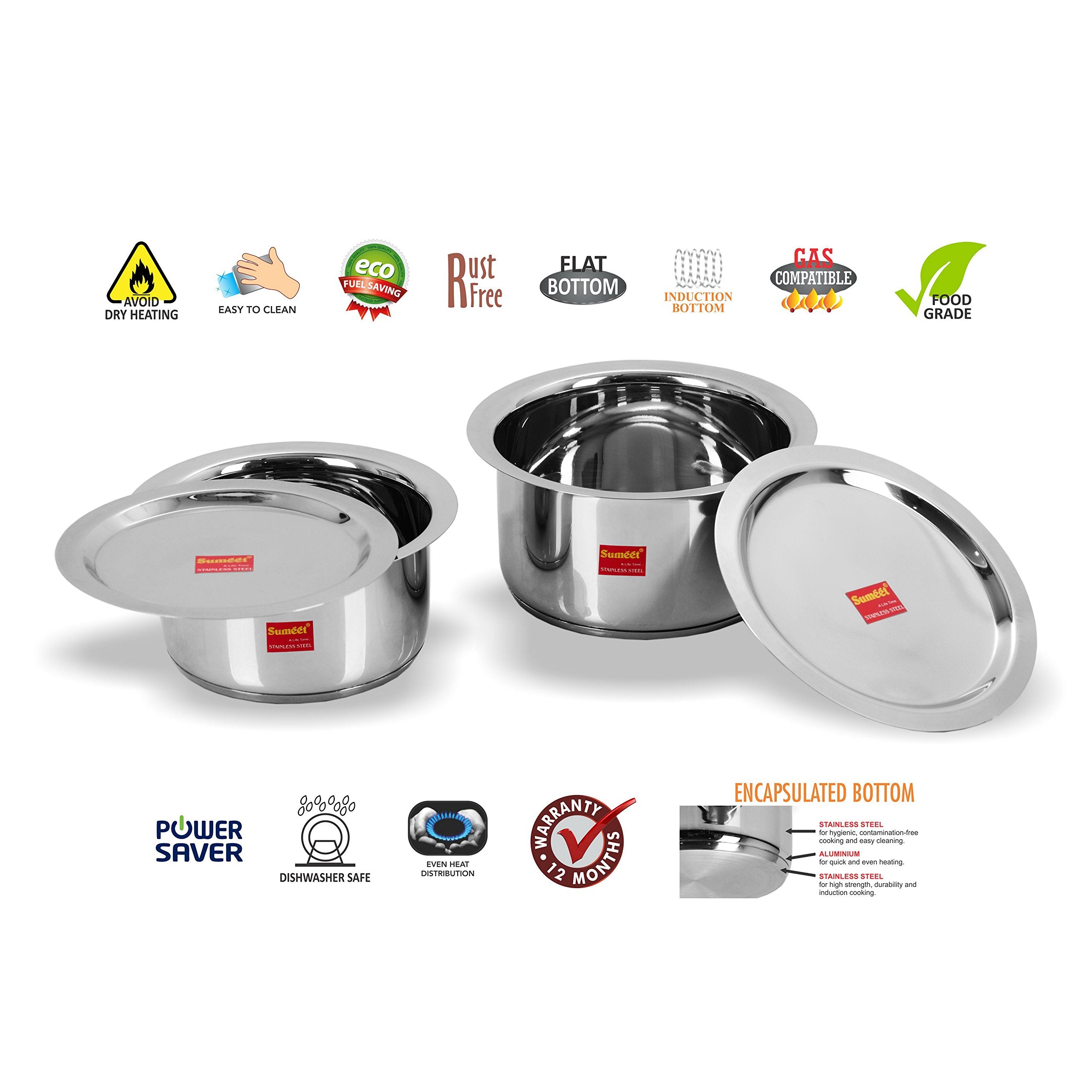 Sumeet 2 Pcs Stainless Steel Induction Bottom (Encapsulated Bottom) Induction & Gas Stove Friendly Container Set/Tope/Cookware S