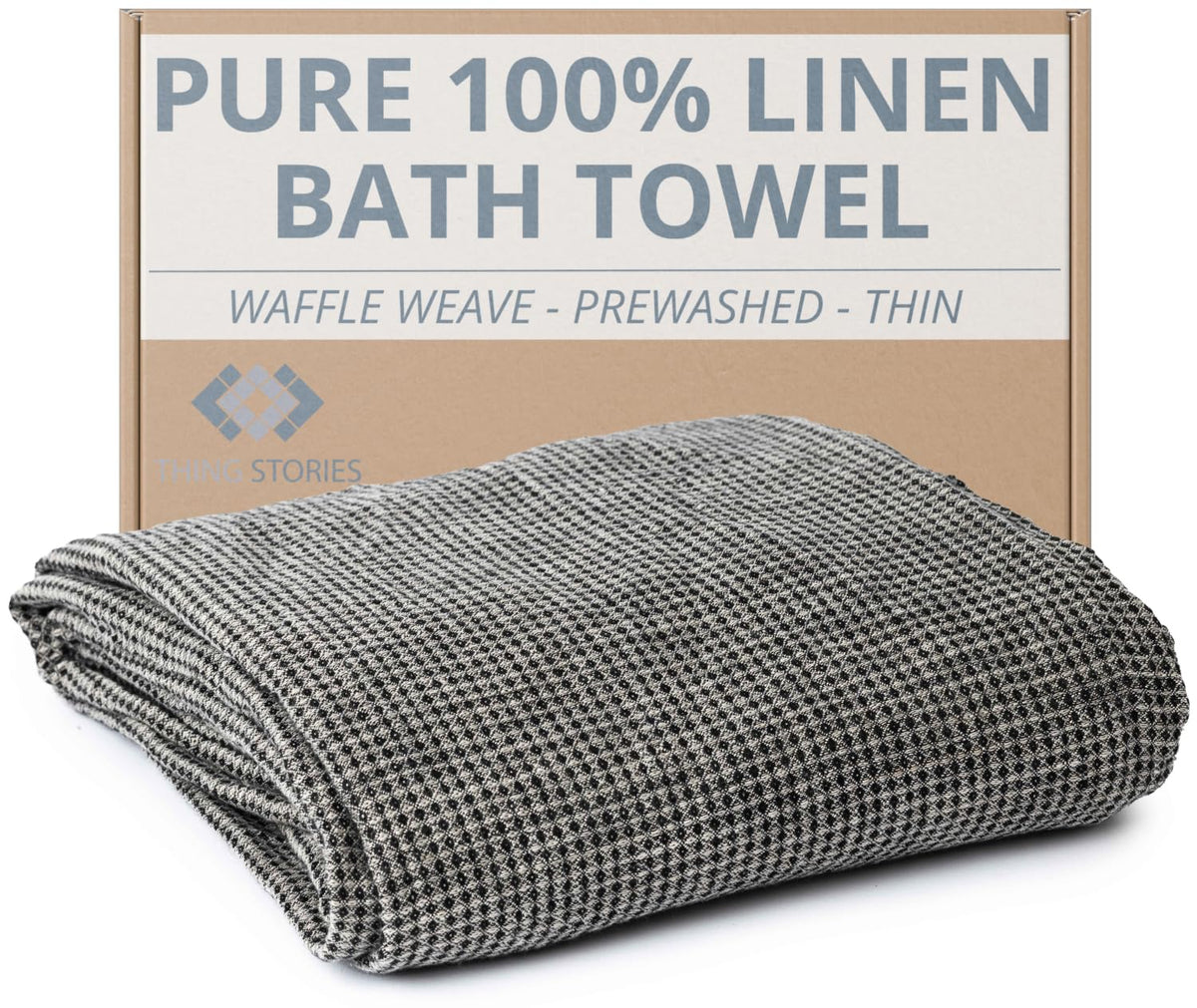 Pure 100% Linen Bath Towel - 30 X 60-Inch Soft Lightweight Travel Towel - Quick Dry Waffle Towels For Bathroom - Luxury Black-Na