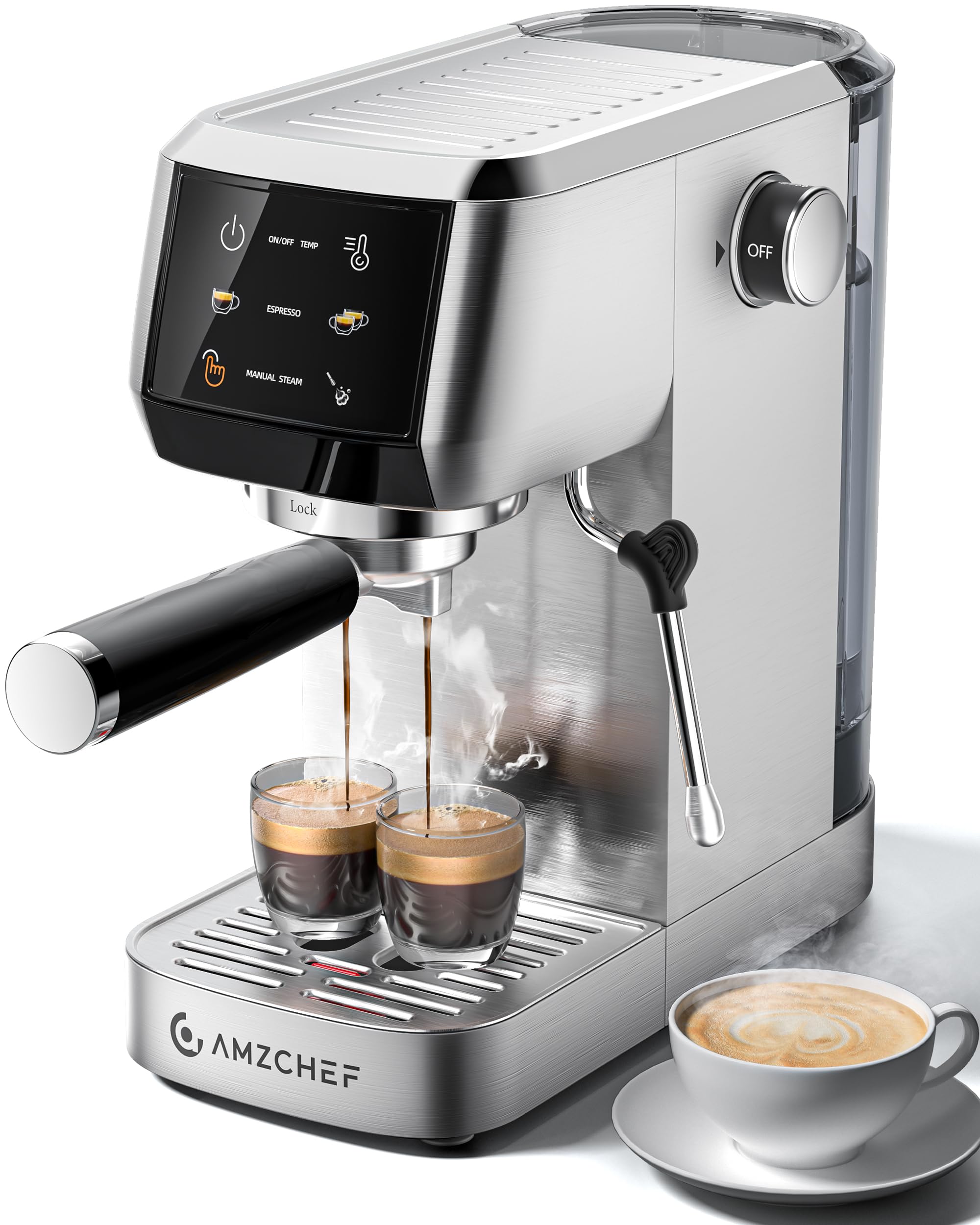 AMZCHEF Espresso Machine 20 Bar - Professional Coffee Maker with Milk Frother, Adjustable Temperature & Pressure, Compact Stainl