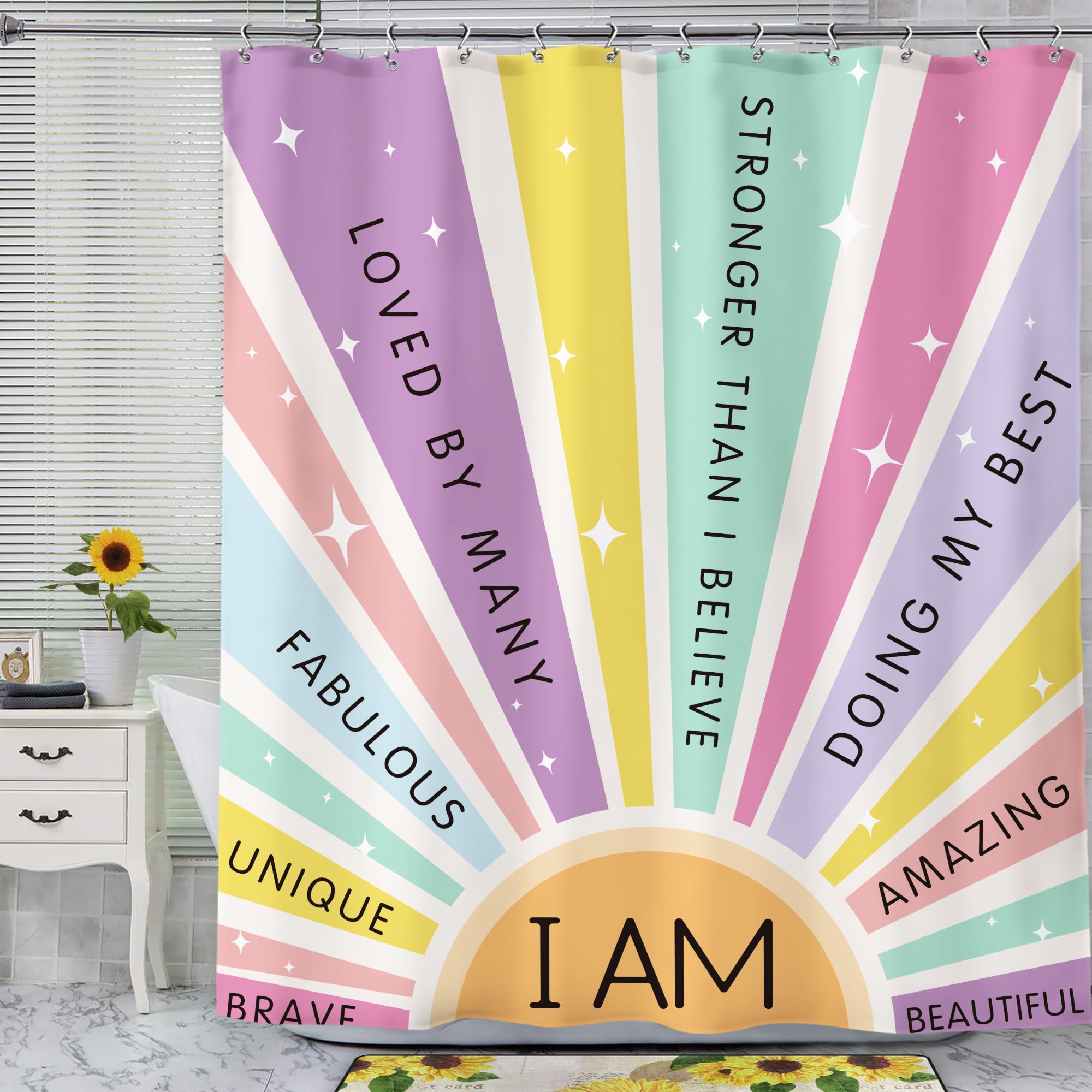 Svbright Kids Girls Shower Curtain 60Wx72L Inch Rainbow Quotes Inspirational Boho Sun Colorful Retro 70S Cute Words Motivational