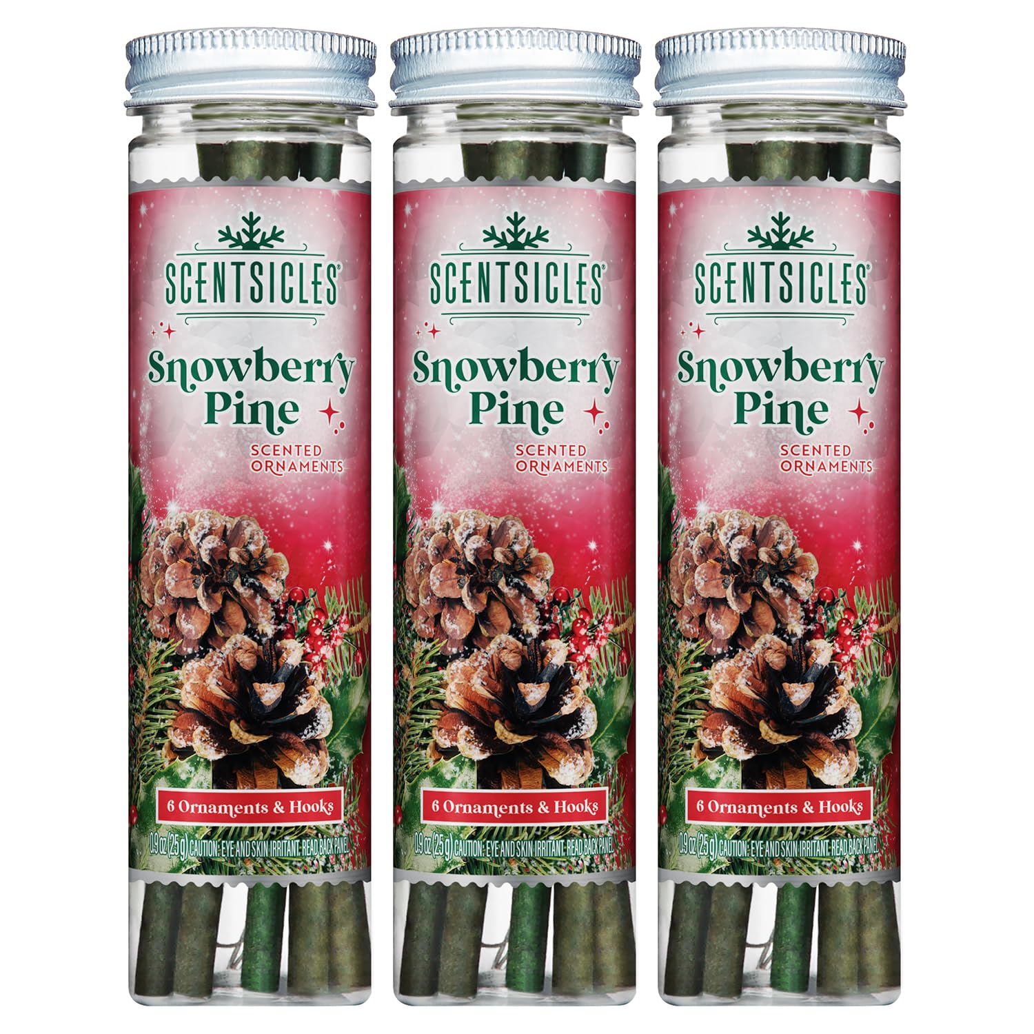 Scentsicles Snowberry Pine Scented Christmas Ornaments with Hooks - 3 Bottles (18 Sticks Total)