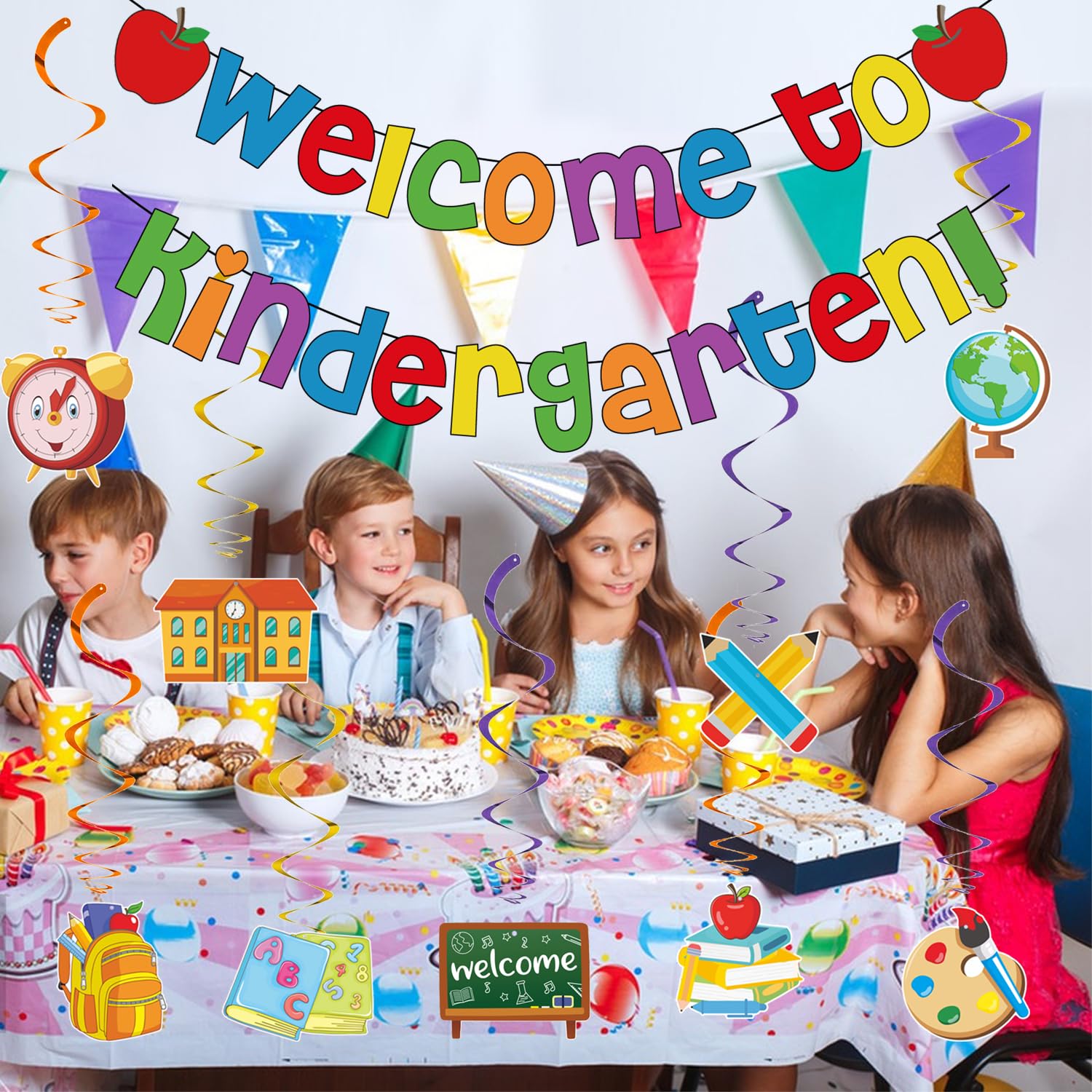 Back To School Decorations, Welcome To Kindergarten Banner, Back To School Hanging Swirls Colorful First Day Of School Party Dec
