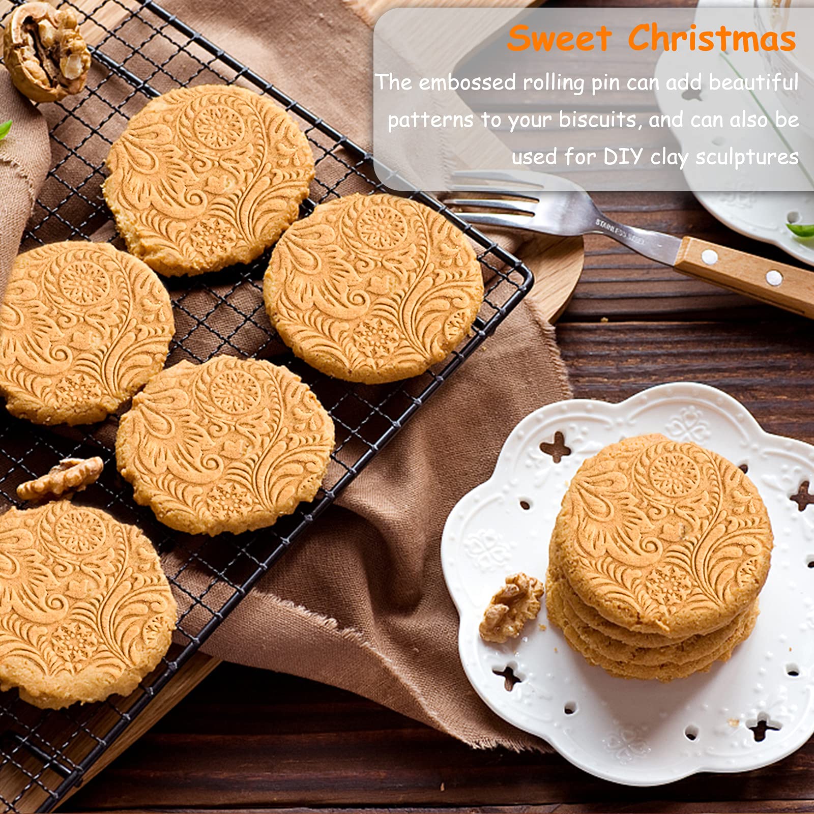 RDGDFONG Embossed Wooden Rolling Pin - Snowflake 14.9'' x 1.96'', Beech Wood, Ideal for Baking Cookies, Pizza, Fondant, Christmas Gifts
