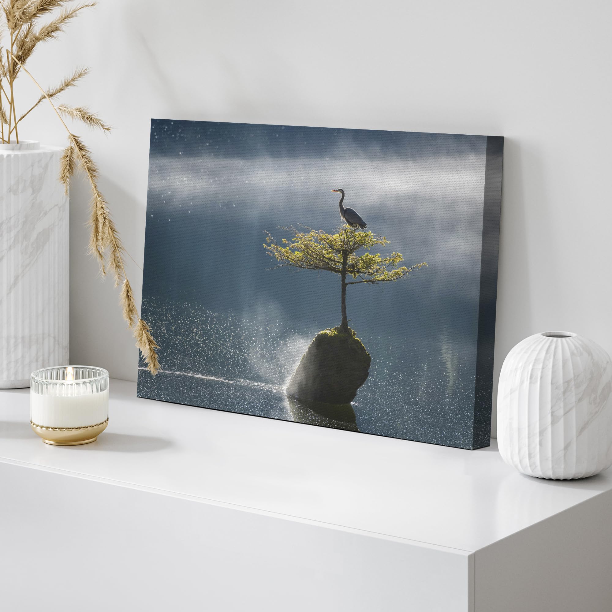 Wall26 Canvas Print Wall Art Solitary Bird On Tree In Misty Lake Animals Photography Realism Rustic Scenic Landscape Wilderness