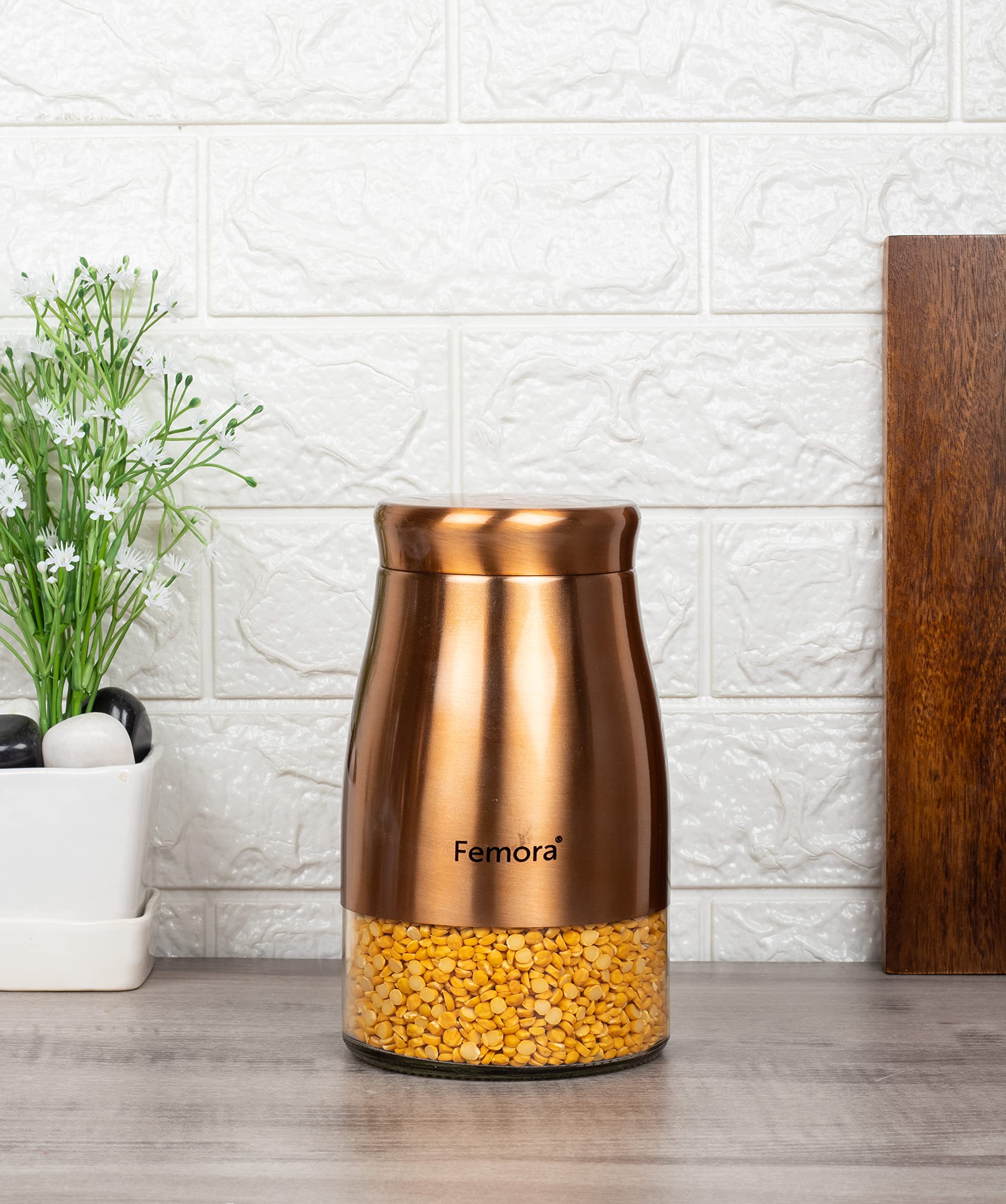 Femora Copper Metallic Clear Glass Jars | See Through Bottom Jar | 1 Year Warranty | Airtght | Jars For Snacks, Fry Food, Masala