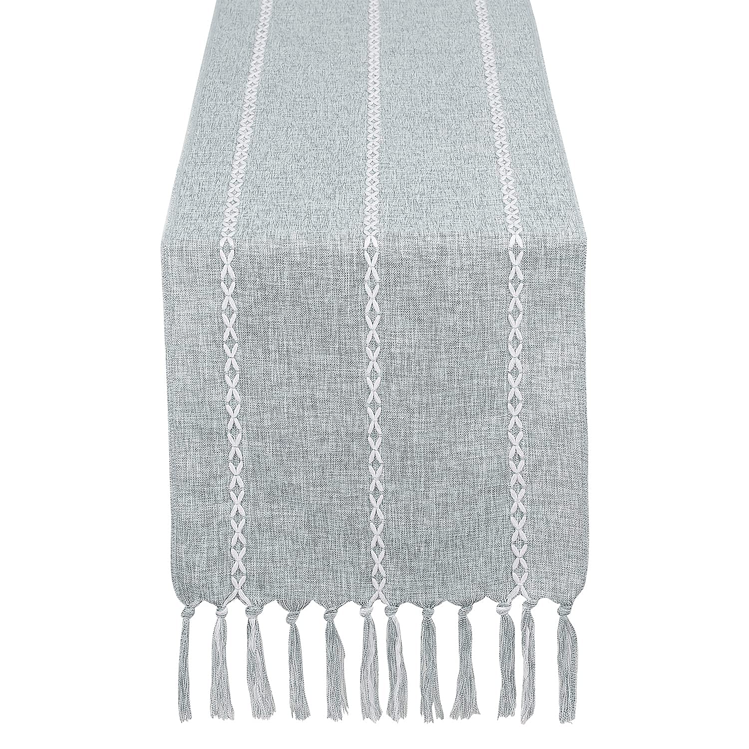 Chassic Rustic Farmhouse Style Linen Table Runner, Boho Handmade Tassel Embroidery Table Runners 90 Inches Long For Holiday Part