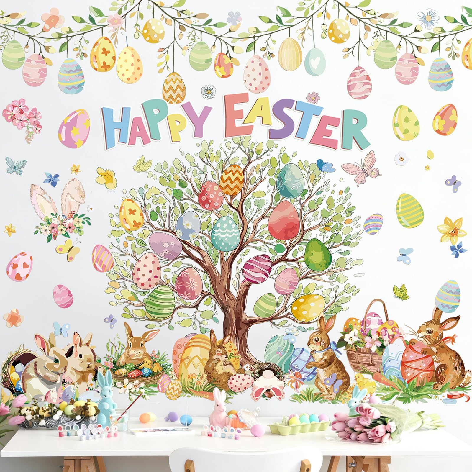 Drydiet 2 Pcs Large Easter Eggs Tree Wall Decals 44 x 32 Happy Easter Bunny Rabbit Watercolor Tree Wall Stickers Chick Butterfly