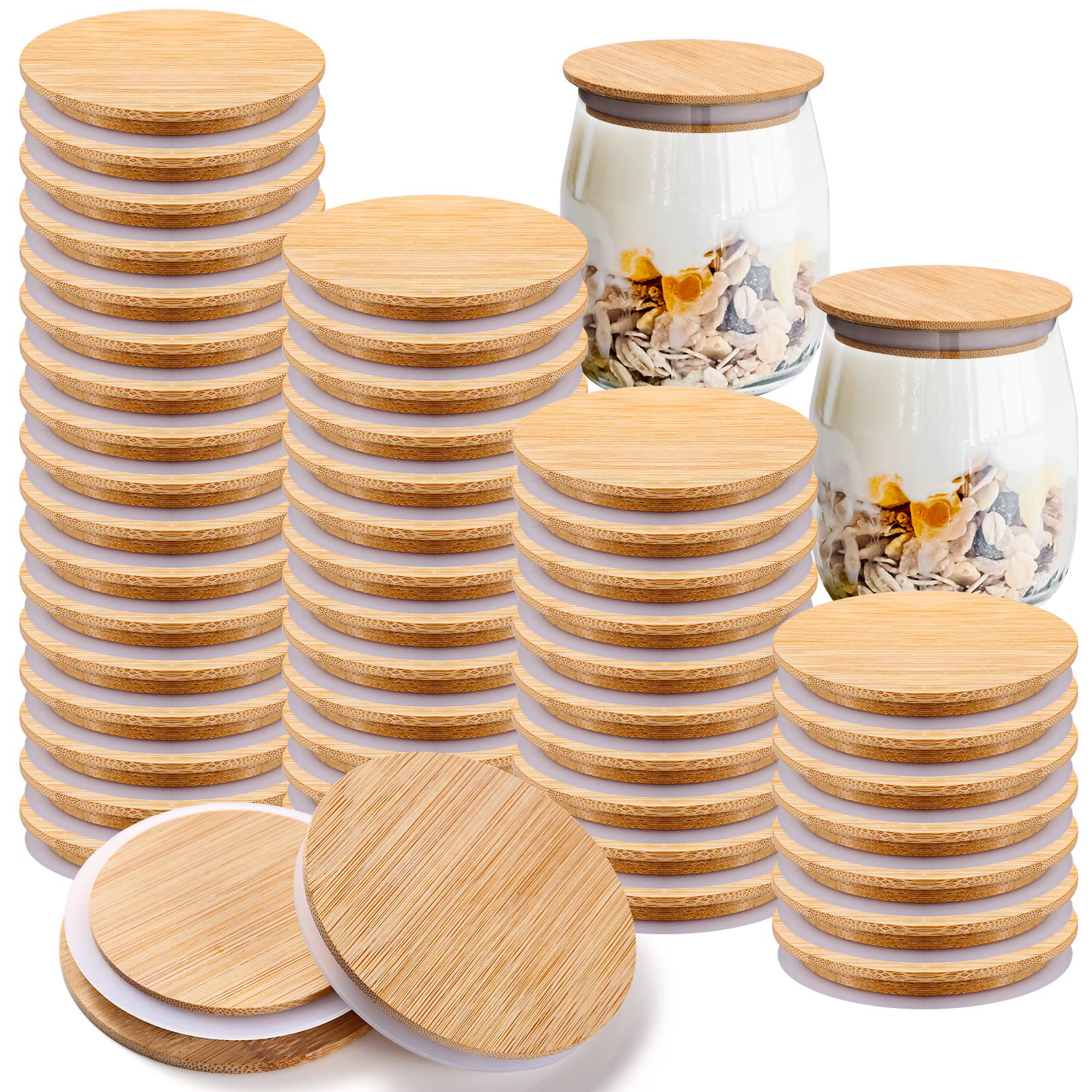 40 Pcs Yogurt Jar Lids Yogurt Bamboo Jar Lids Set Compatible With Oui Yogurt Jars, Reusable Wooden Lids Bulk Round Canning Lids