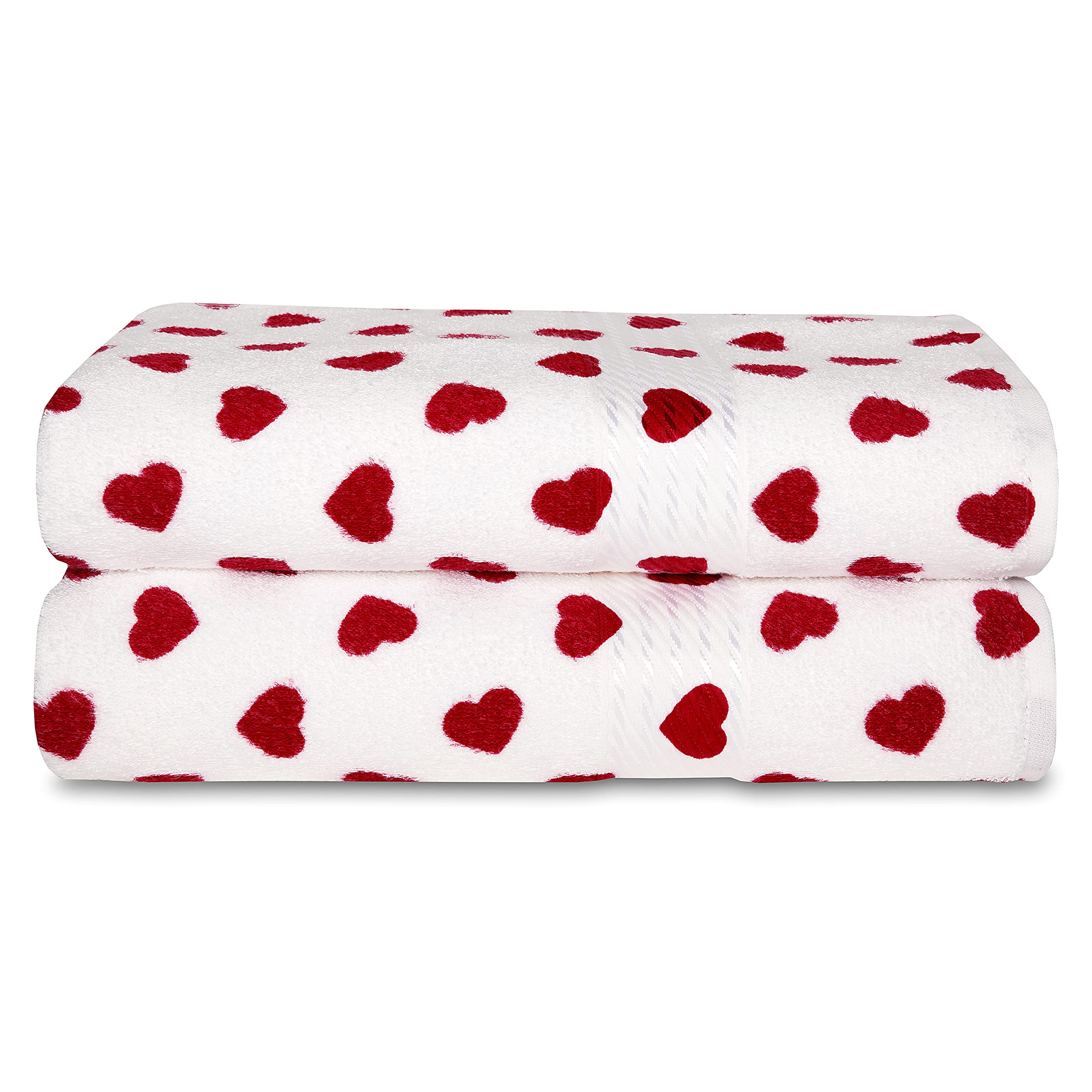 Cackleberry Home Hearts All Over Bathroom Cotton Terry Bath Towels 27 X 54 Inches, Set Of 2 (Red)