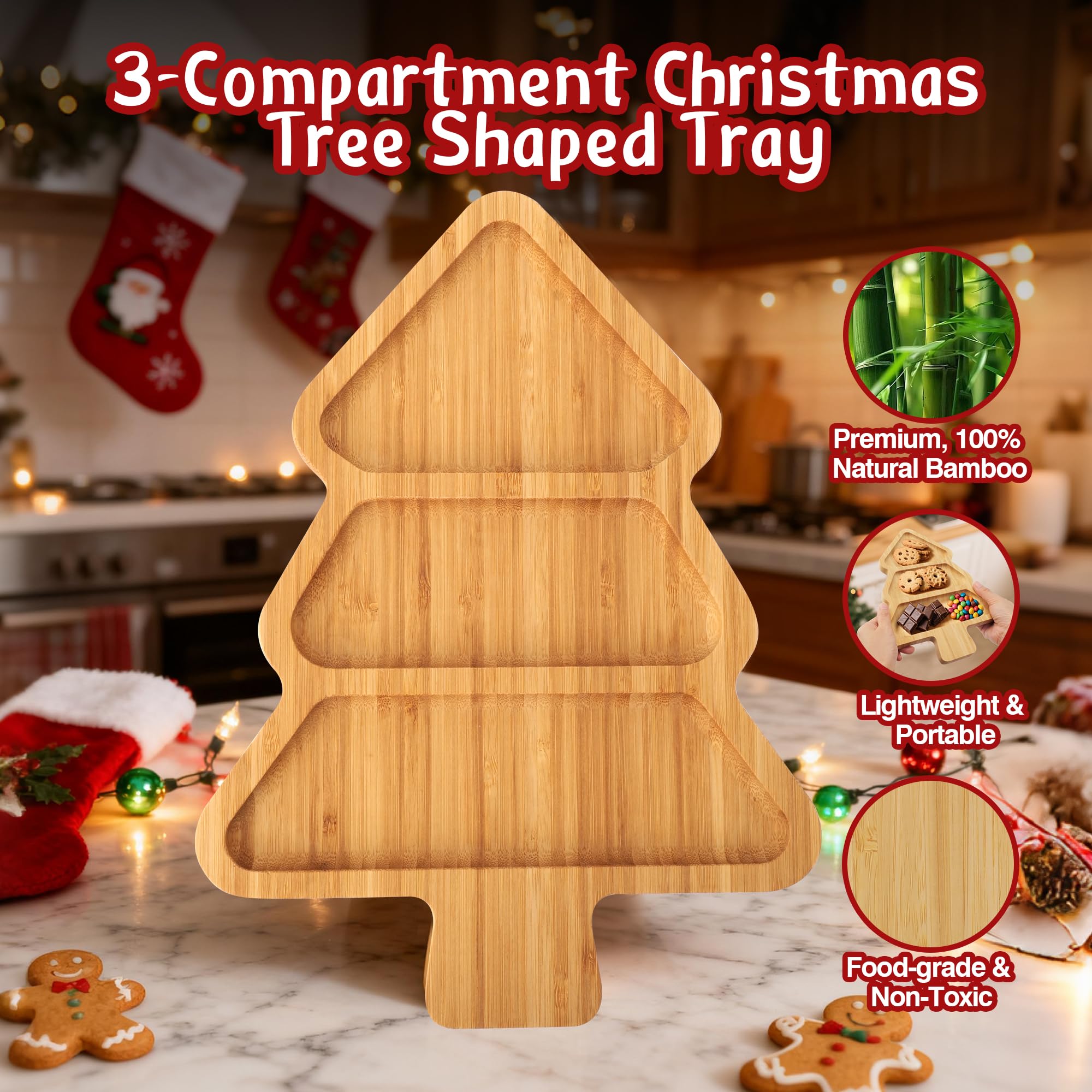 Christmas Serving Tray, Bamboo Christmas Tree Serving Platter with 3 Compartments, Charcuterie Board Serving Dishes 11.8 x 8.7 f