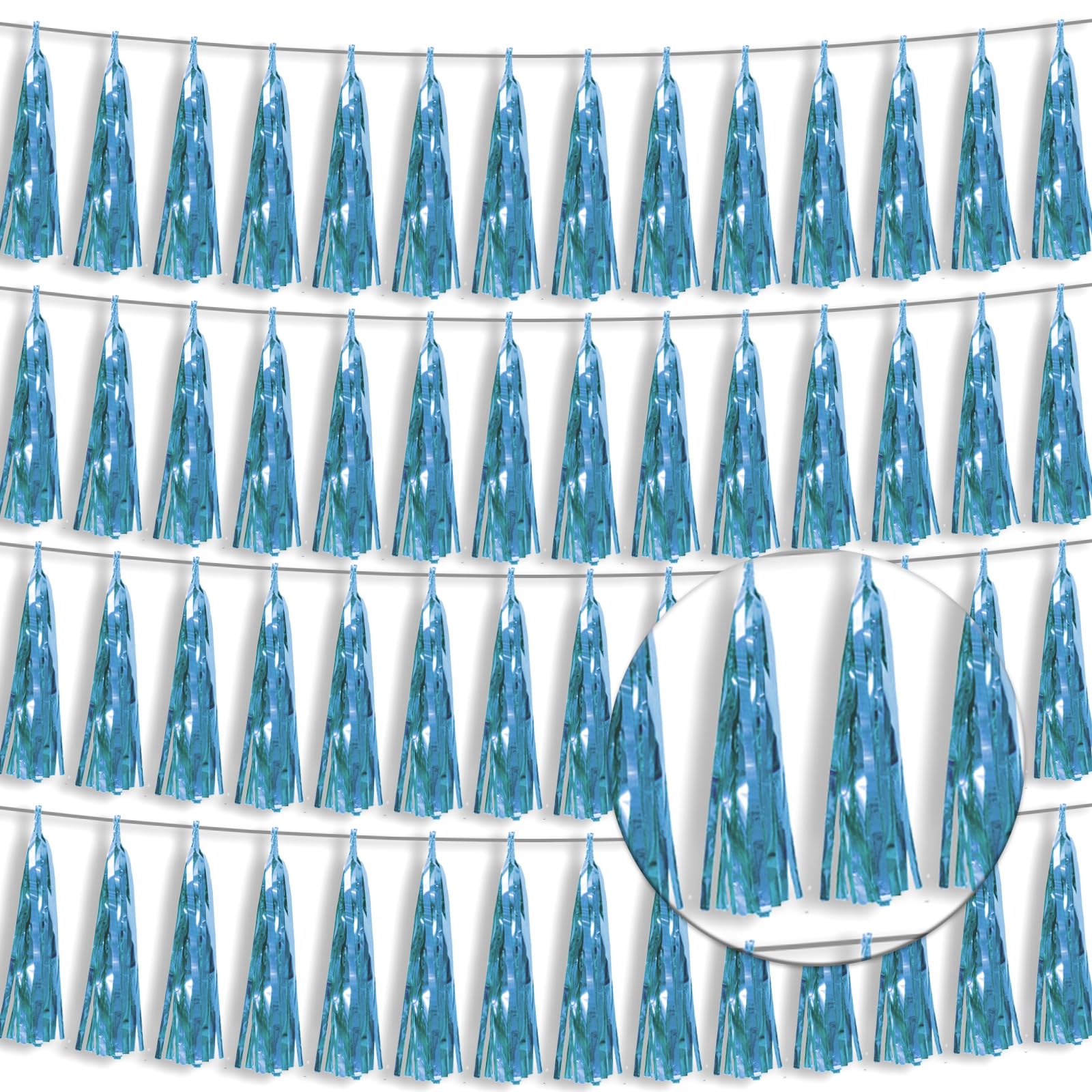 4P Light Blue Foil Fringe Tassel Banner Garland Metallic Tinsel Streamers Wall Hanging Curtain Backdrop Banner for Parade Floats
