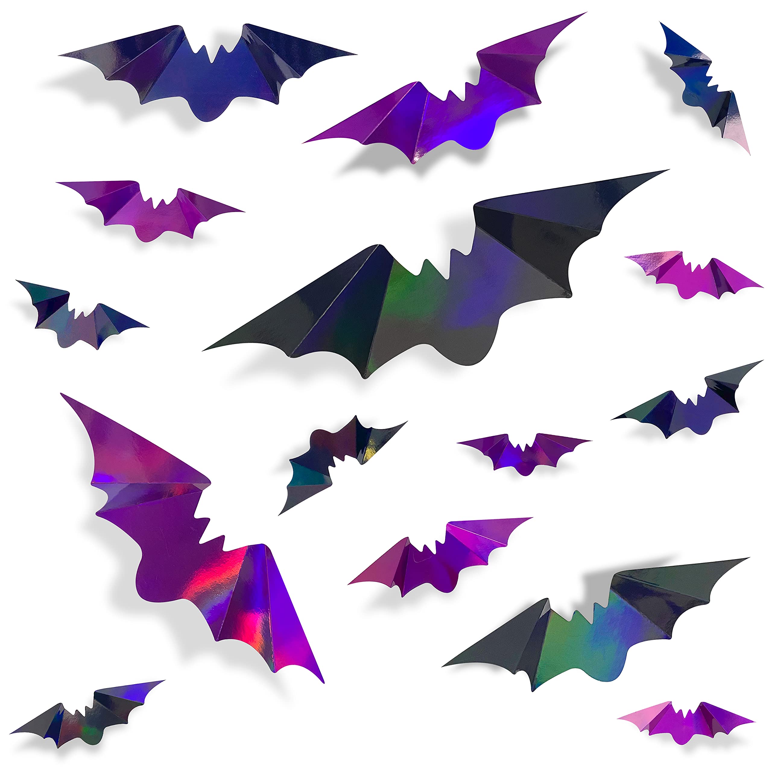 72Pcs Bats Halloween Decoration Iridescent 3D Bats Wall Decor Black Purple Holographic Paper Decorative Bat Wall Art Decals Stic