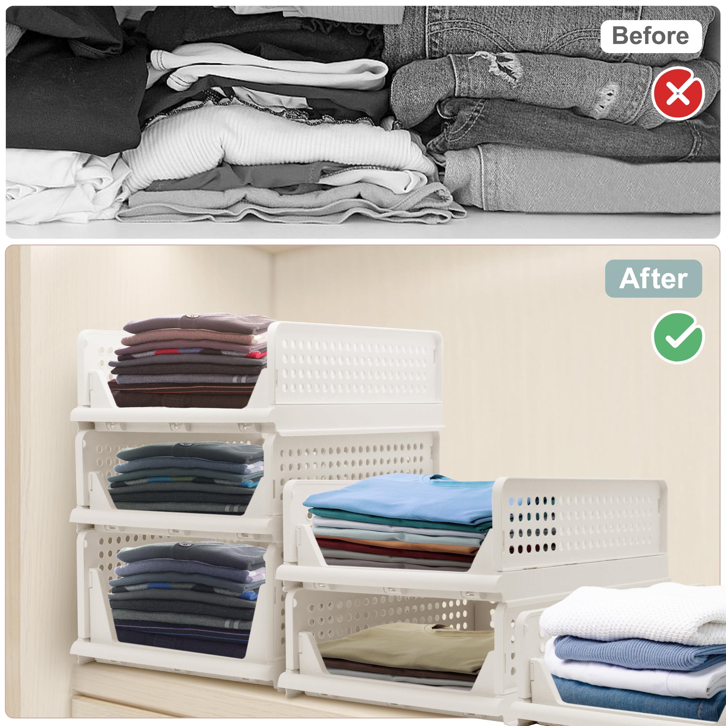 Stackable Foldable Storage Baskets, Folding Storage Bins, Closet Organizers and Plastic Drawer Shelf Storage Container for Wardr