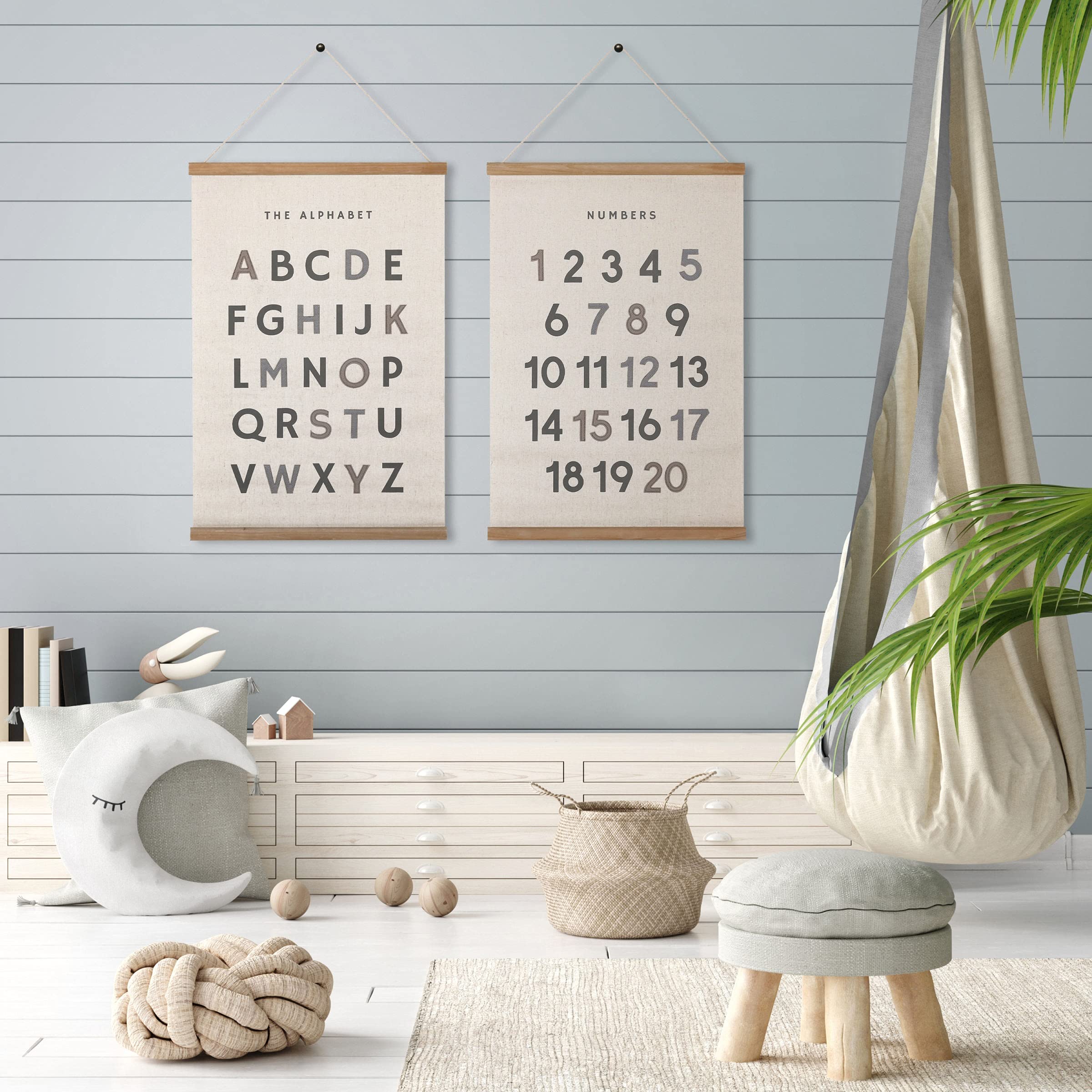 Bon Et Beau 16 X 24 Inch Embroidered Alphabet Poster Framed With Wood Hanger - Neutral Gray Wall Decor For Boys Nursery, Bedroom