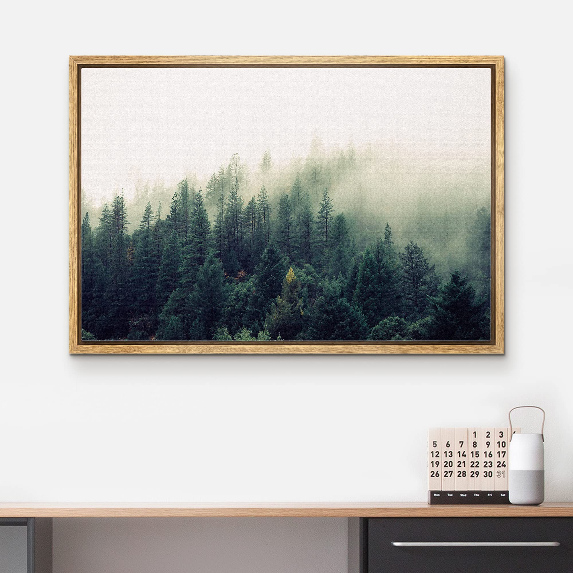 wall26 Framed Canvas Print Wall Art Misty Green Forest Pine Trees in Sunlight Nature Wilderness Photography Modern Art Rustic Scenic Colorful for Living Room  Bedroom  Office - 16''x24'' Natural
