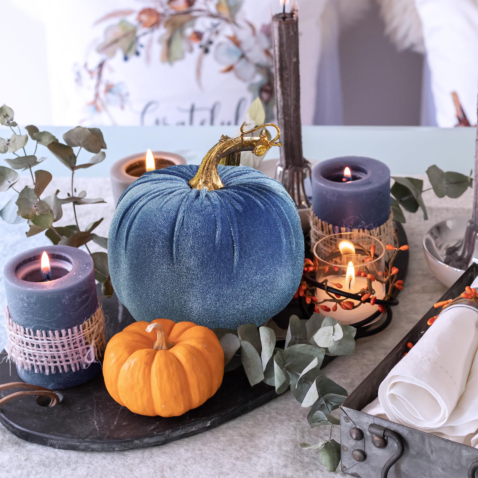Winlyn 4 Pcs Assorted Blue Faux Velvet Pumpkins Decorative Harvest Pumpkins Fabric Foam Pumpkins for Farmhouse Fall Wedding Hall