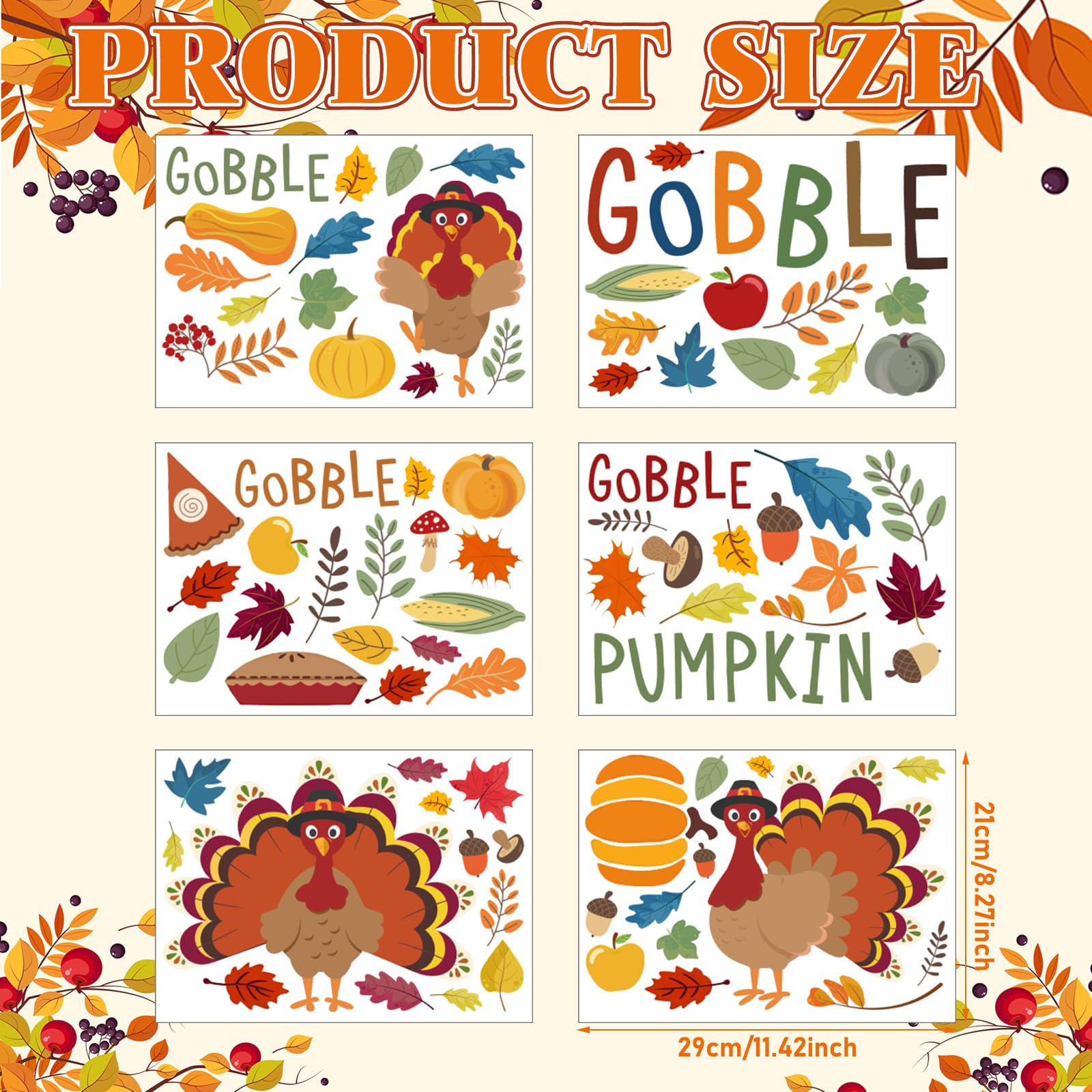 Fullhawl 6 Sheet Thanksgiving Day Stickers Colorful Leaf Pumpkin Turkey Gobble Stickers Fall Thanksgiving Wall Decor for Autumn