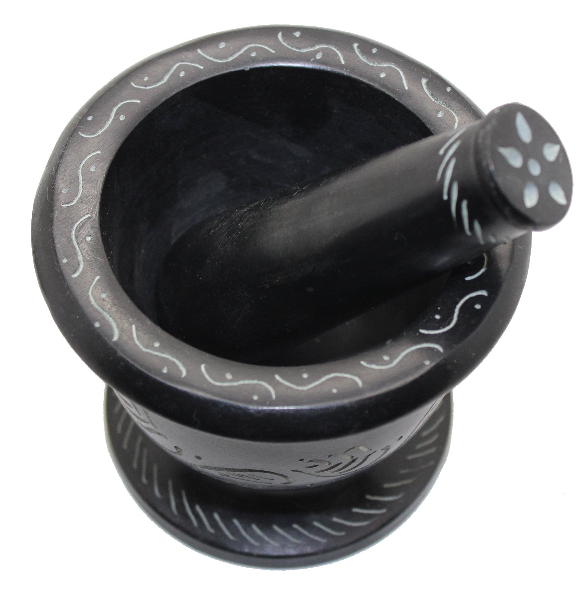 Govinda - Black Soap Stone Mortar And Pestle - Leaf - 4 Inch Dia X 3.5 Inch Tall