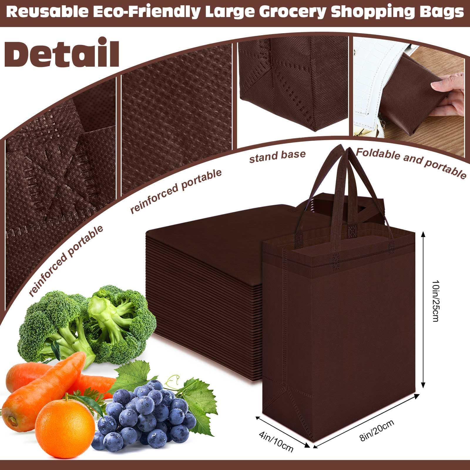 Windyun 50 Pcs Reusable Tote Bag Bulk 8 x 4 x 10 Inch Non Woven Shopping Bag with Handle Christmas Reusable Grocery Gift Tote(Br