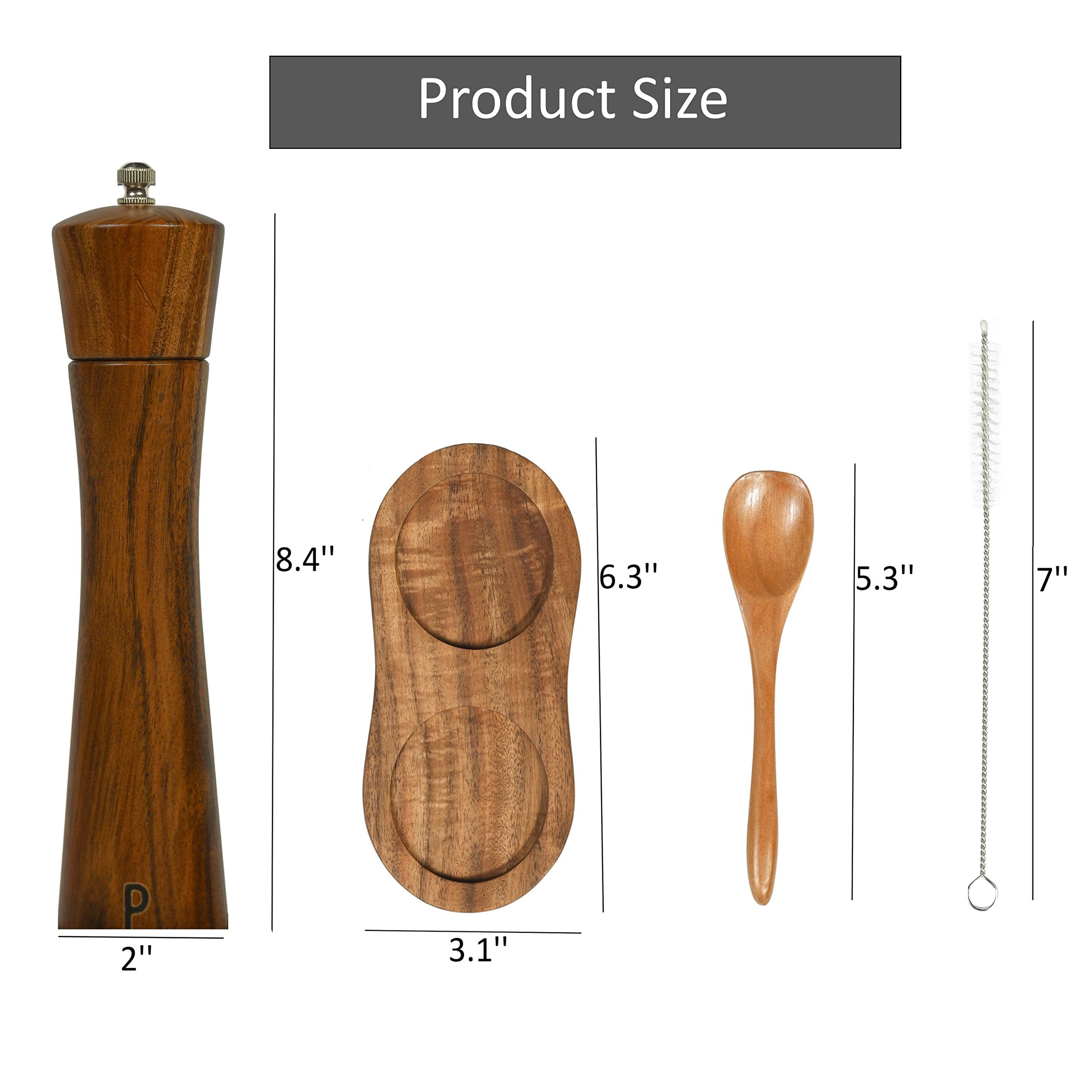 Finnhomy Salt And Pepper Grinder Set, Acacia Wood Adjustable Coarseness Pepper Mill With Wooden Stand, Cleaning Brush & Spoon, P