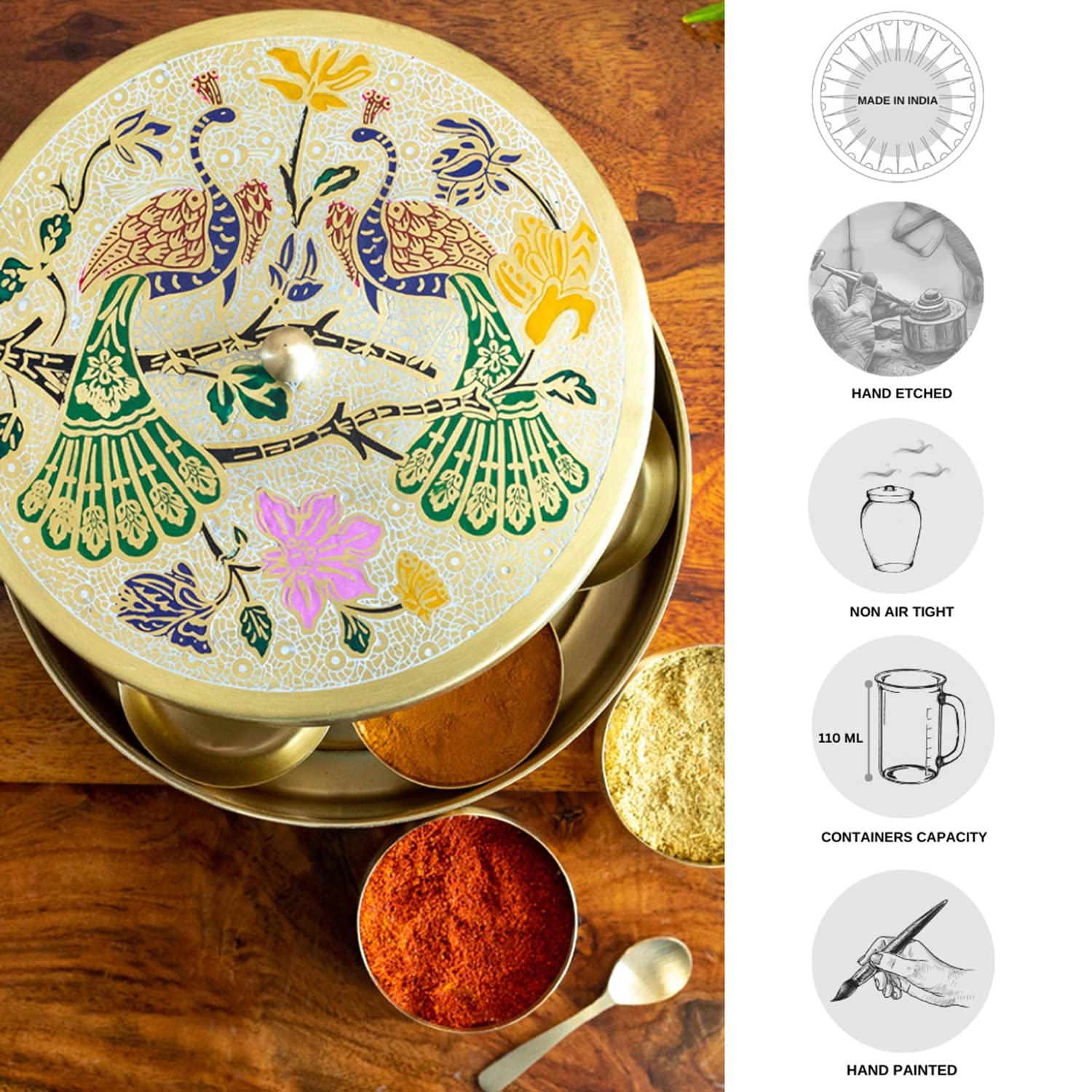 ExclusiveLane Peacock Hand-Etched Brass Masala Box For Kitchen Spice Box With Spoon (Brass, 7 Containers, 110 ML) | Handpainte
