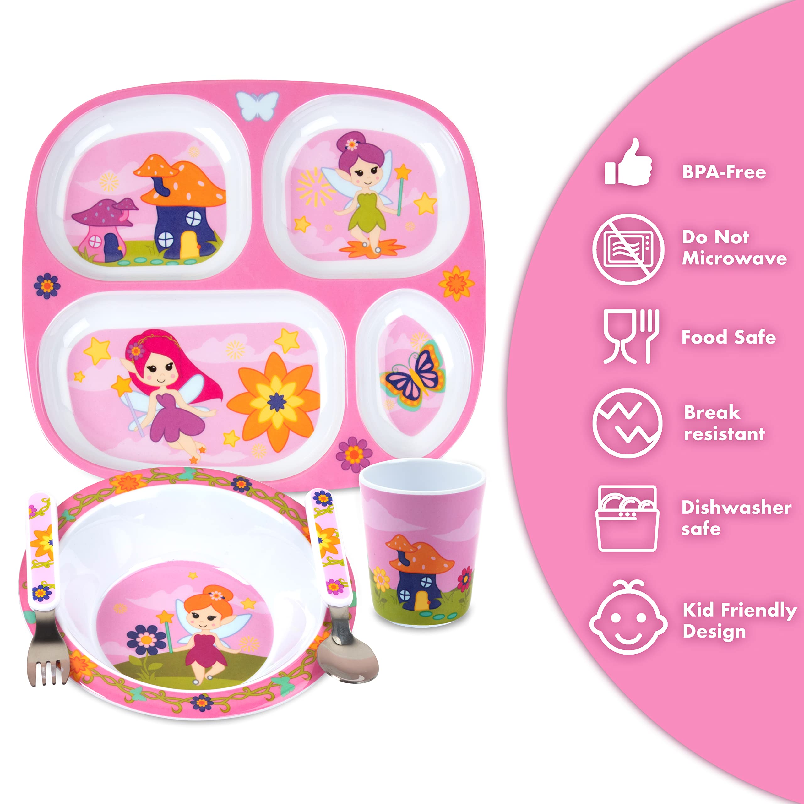 Bentology 5-Piece Construction Theme Mealtime Set - Includes Plate, Bowl, Utensils, and Glass - Dishwasher Safe, BPA Free, Cute