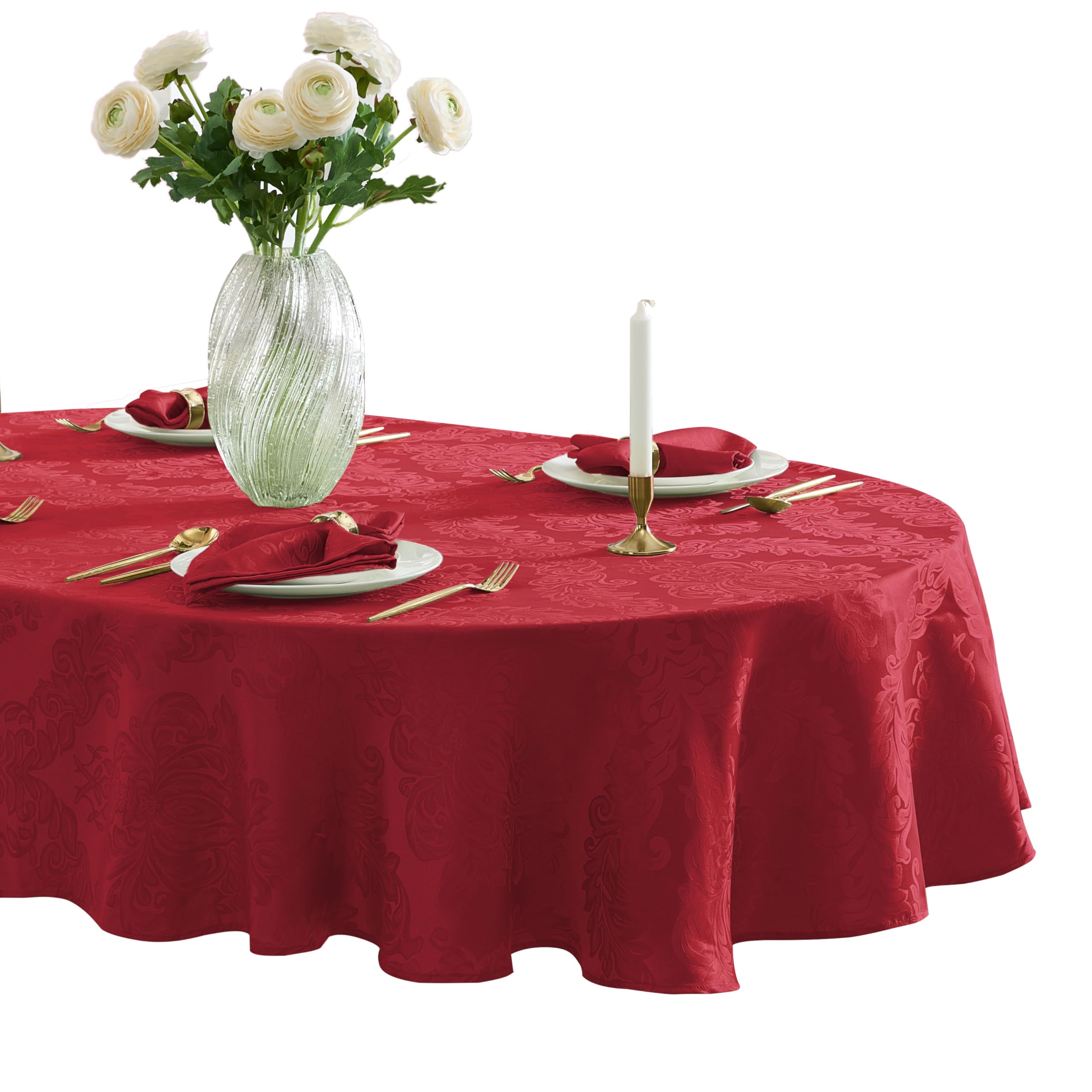 Newbridge Barcelona Damask Fabric Tablecloth, 60 x 84 Inch Oval, Red - No Iron, Soil Resistant Table Cover for Dining, Parties a