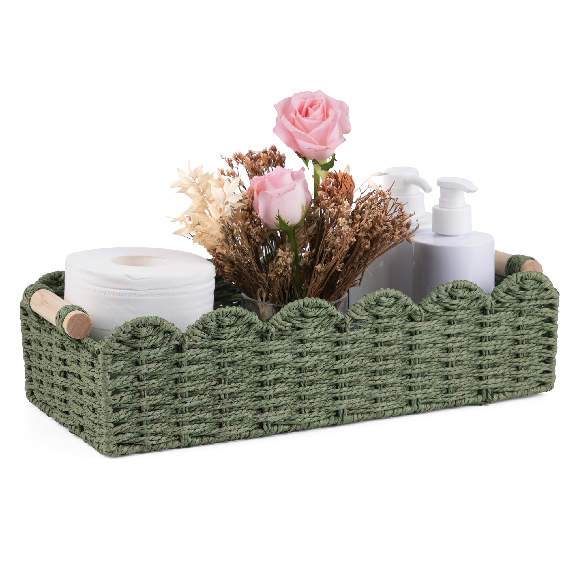 Scalloped Basket Toilet Organizer:Compact Moisture-resistant Storage for Tank & Nursery - Elegant Boho Handwoven Decor (Paper Ro