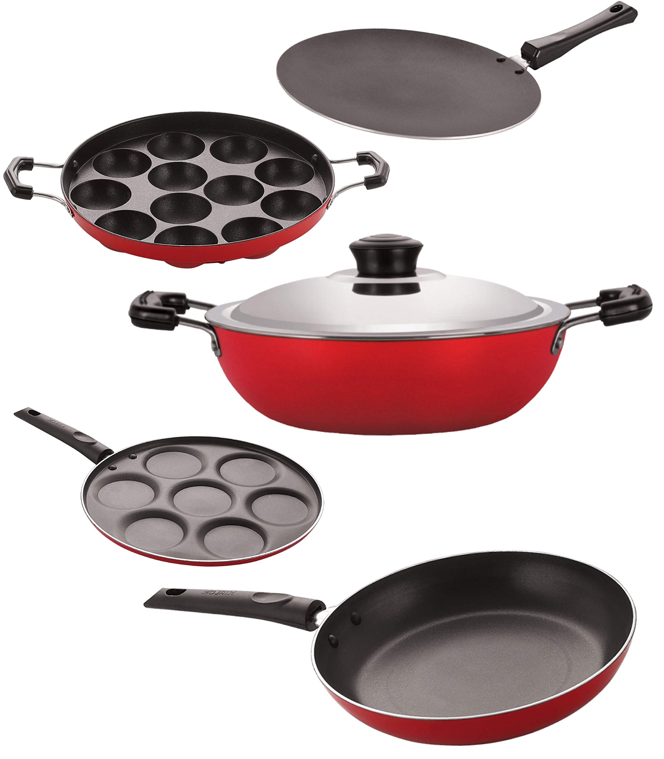 Nirlon Non Stick Cookware Pots & Pan Combo Set Of 5 Pieces With Bakelite Handle (26_Ct_Dkdb_Appam_Up_Tp24)