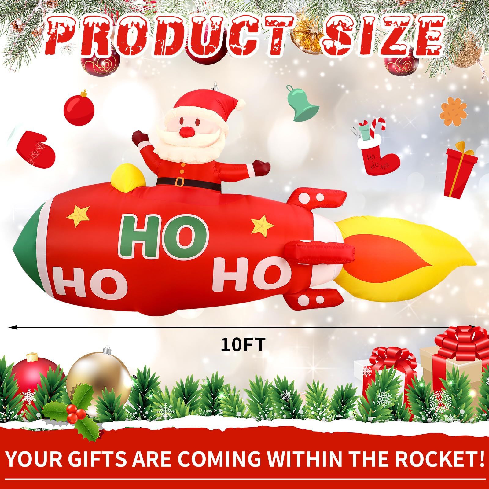 Leyndo 10 FT Christmas Inflatable Santa Claus on Rocket Outdoor Blow Up Decoration with LED Lights Animated Christmas Decoration