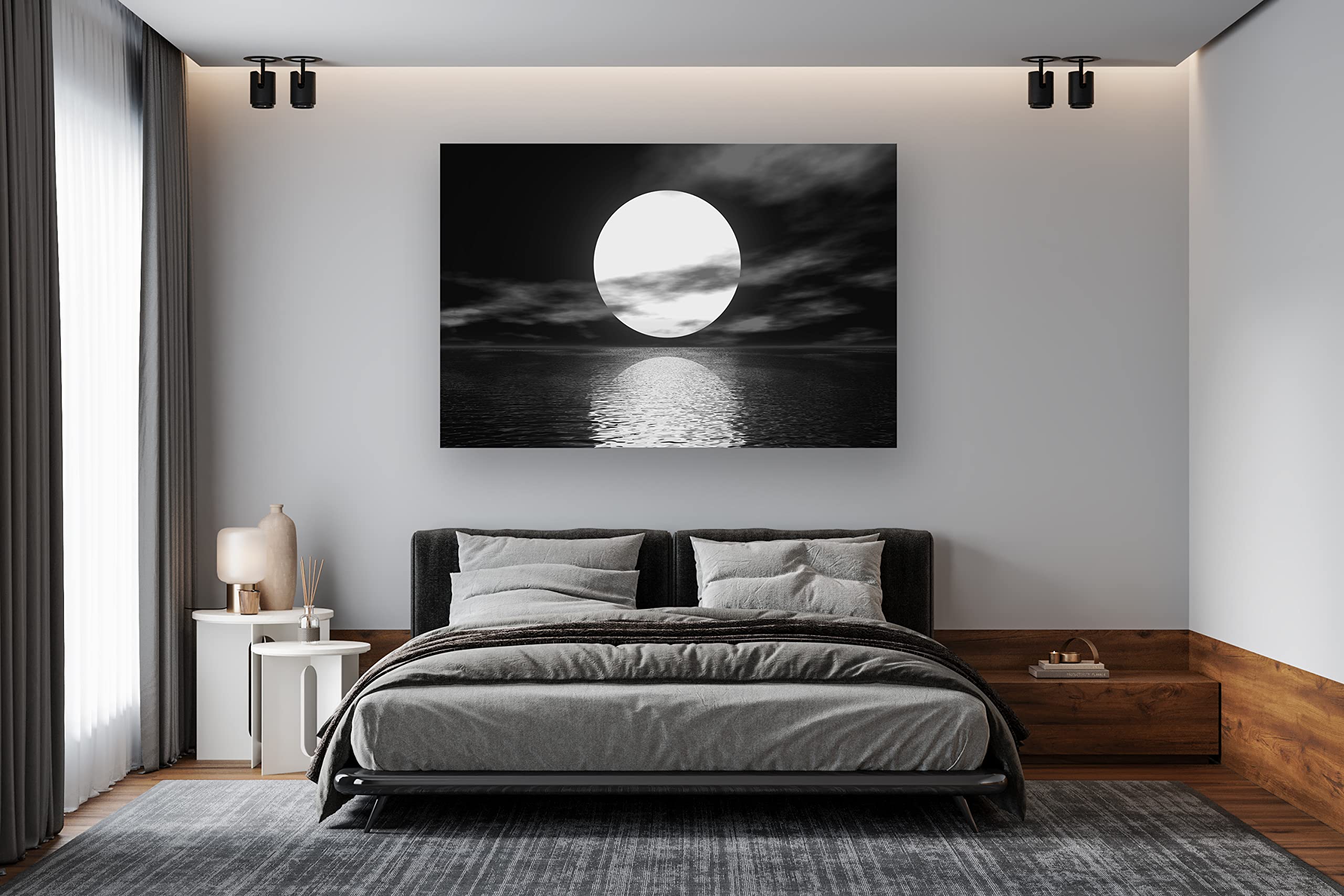 Cao Gen Decor Art S06469 Wall Art Canvas Sea White Full Moon in Night Picture Canvas Poster Print Black and White Ocean for Living Room Bedroom Kitchen Home Decorations Framed Artwork
