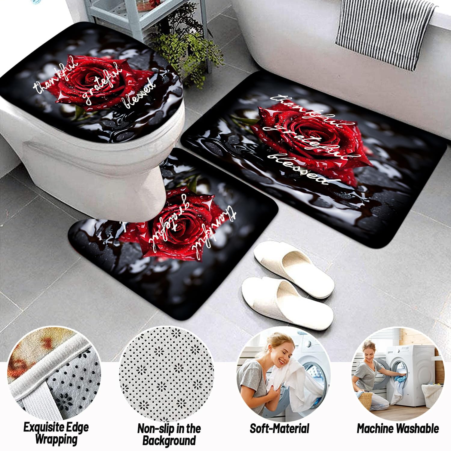 Omebero 4Pcs Romantic Red Rose Bathroom Shower Curtain Sets, Waterproof Fabric Black Bathroom Sets With Shower Curtain And Rugs