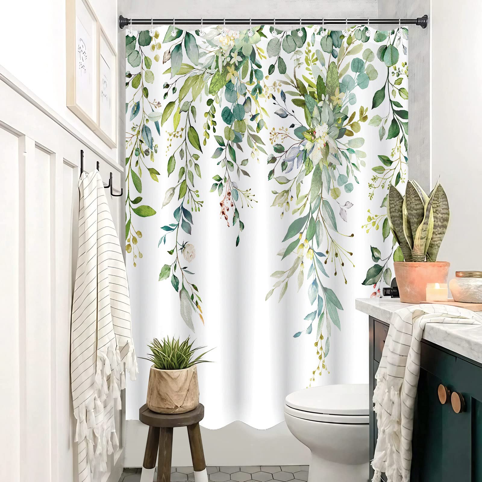 Zussun Long Green Eucalyptus Shower Curtain Watercolor Floral Plant Leaf Shower Curtains for Bathroom Botanical Flower Waterproof Fabric Bath Curtain Decor with Hooks (Green  72'' x 78'')