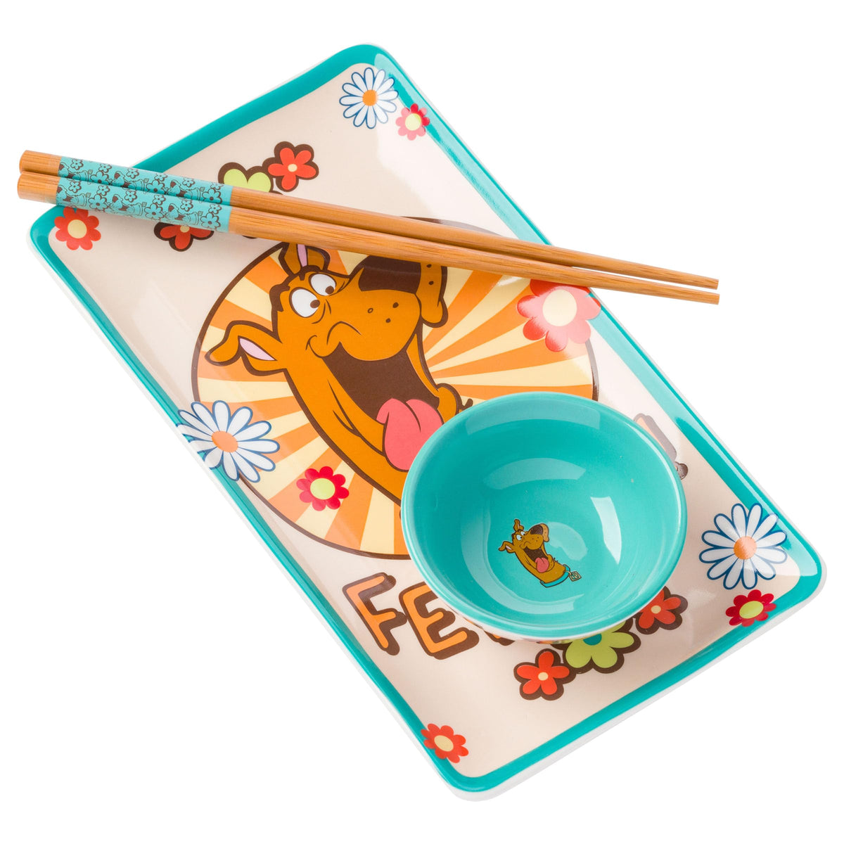Silver Buffalo Scooby Doo Feed Me Retro Groovy Flowers Ceramic Sushi Set With Dipping Sauce Dish And Matching Chopsticks