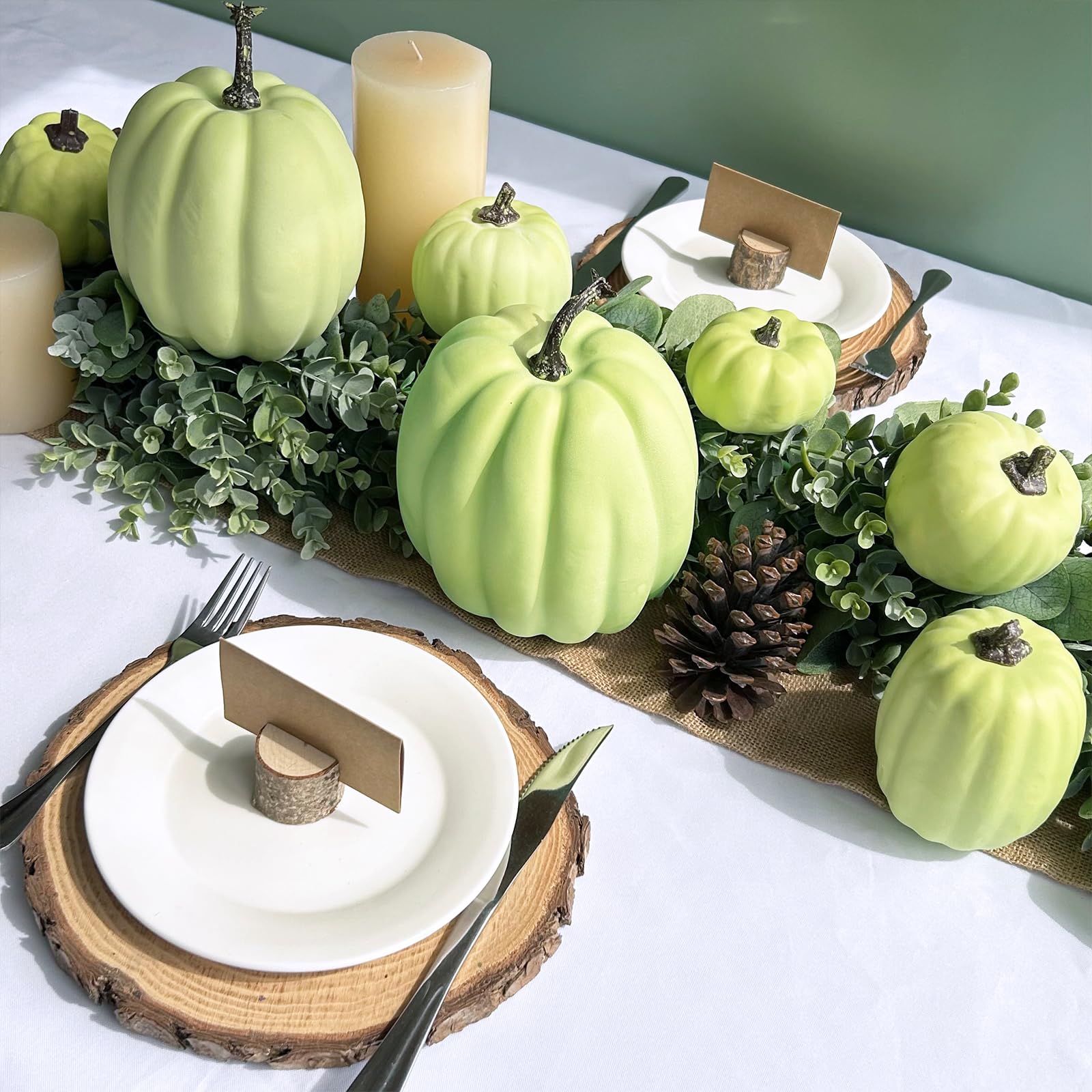 Winlyn 7 Pcs Assorted Light Green Artificial Harvest Pumpkins Decorative Foam Pumpkins for Thanksgiving Halloween Fall Wedding T