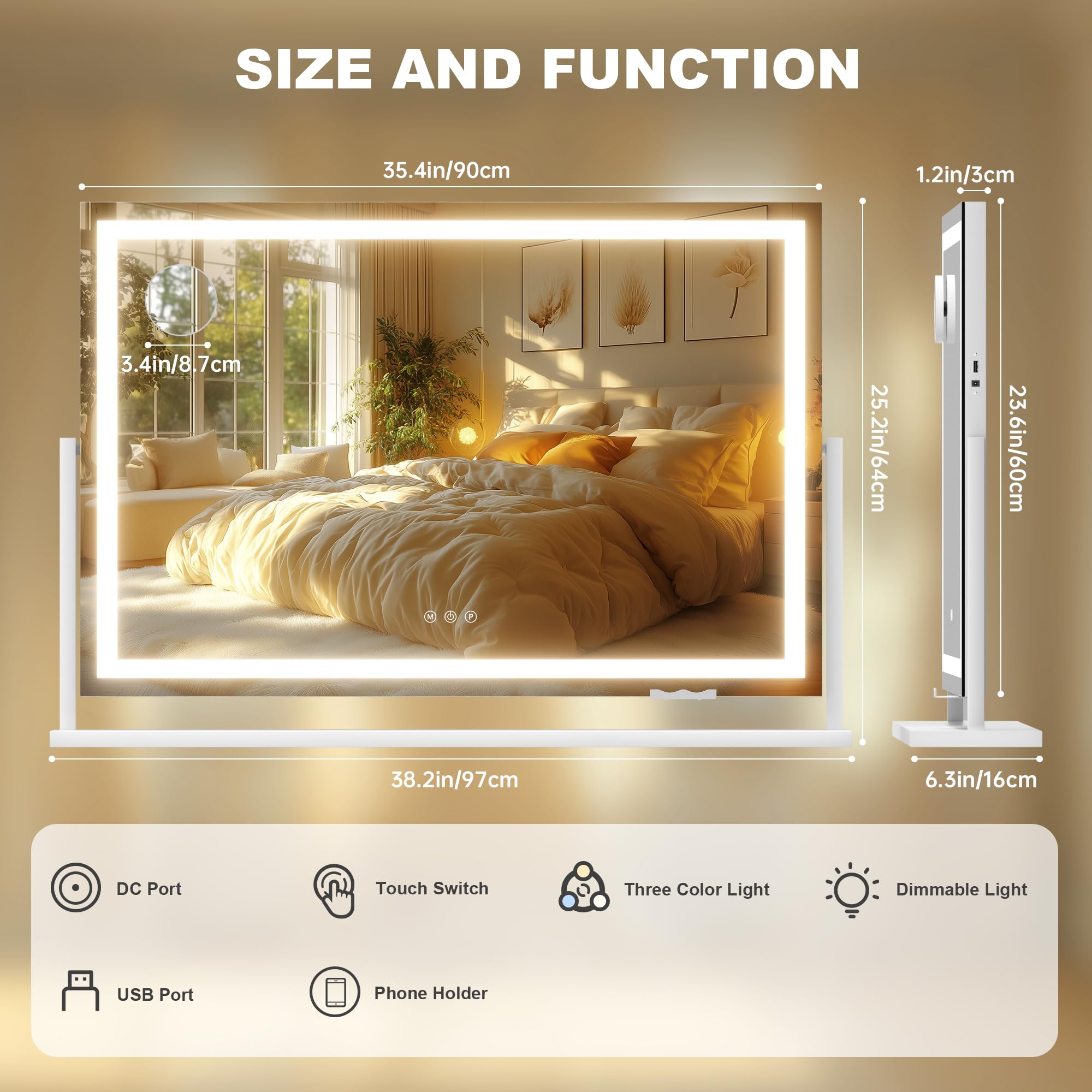 Hasipu Vanity Mirror With Lights, 36'' X 24'' Led Makeup Mirror, Light Up Mirror With 10X Magnification And Phone Holder, Usb Ch