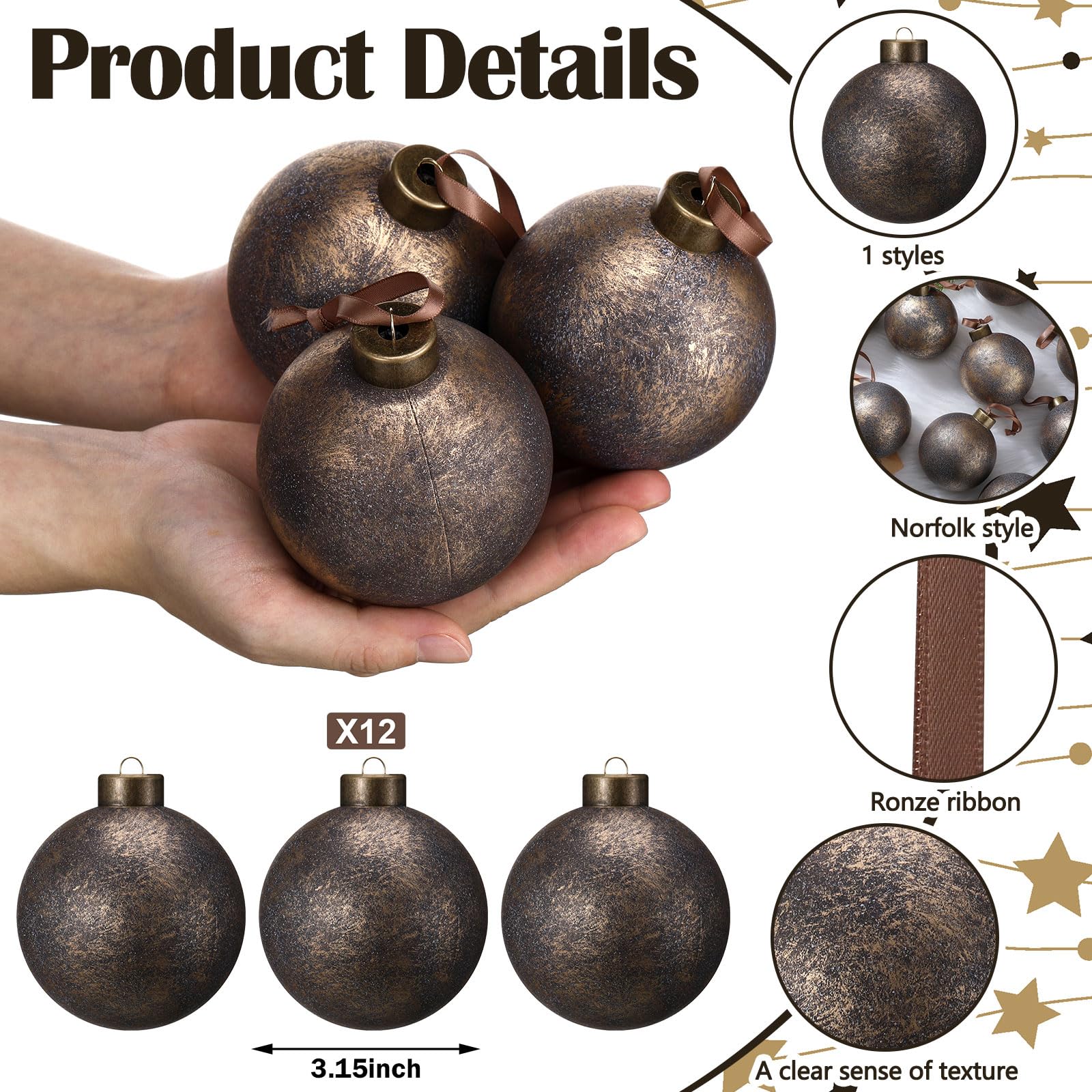 VioraWhite 12 Pcs 3.15 Inch Christmas Vintage Rusty Textured Balls Ornaments Neutral Earth Tone Copper Rustic Plastic Shatterpro