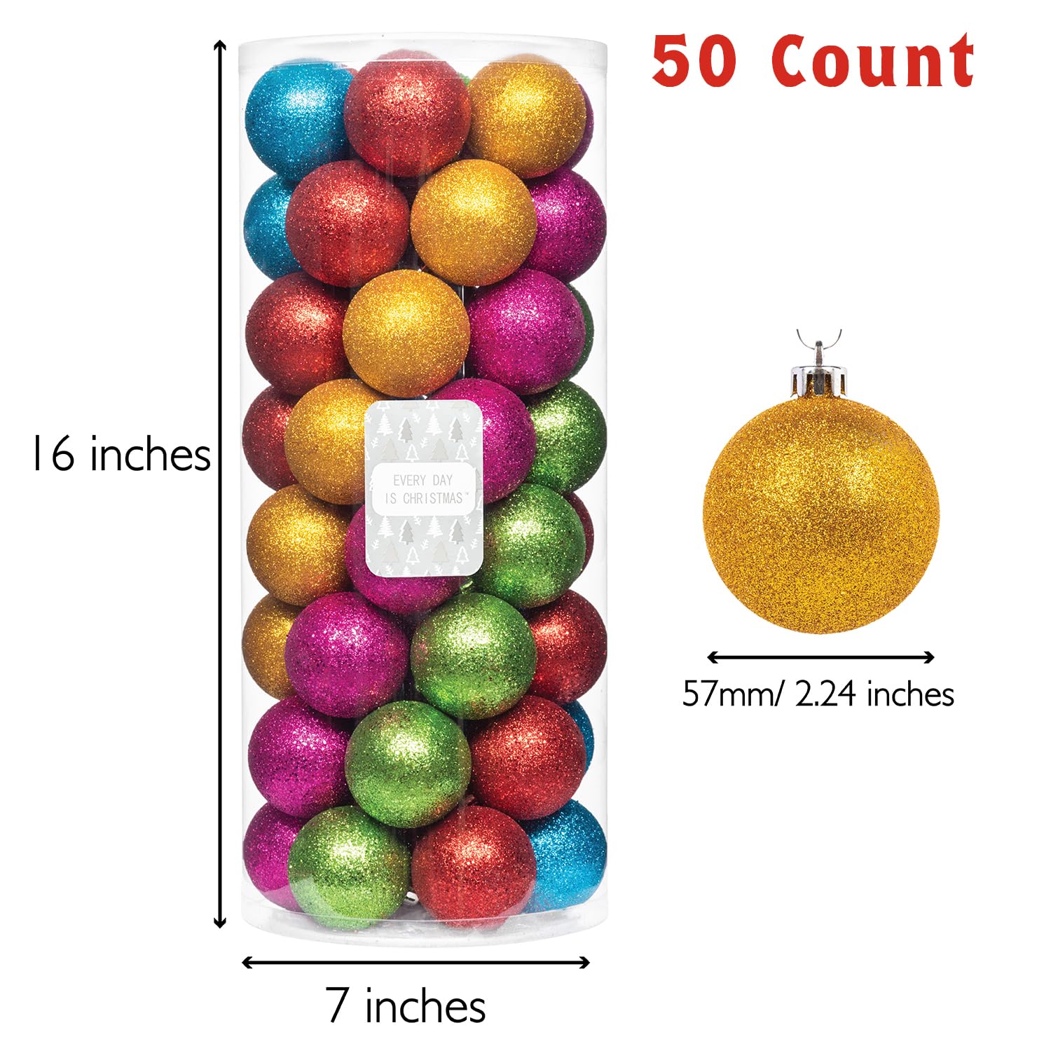Every Day is Christmas Ornaments, Shatterproof Christmas Tree Ornament Set, Christmas Balls Decoration 50 Count (2.24/57mm, Glit