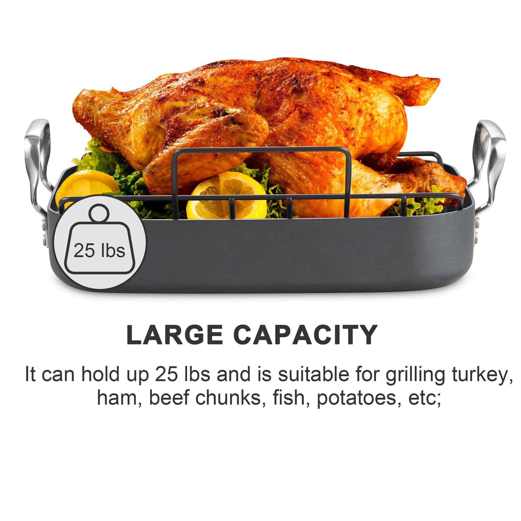 Cooks Standard Turkey Roasting Pan, Hard Anodized Aluminum, 16"x12", Black, Model 02672, Multi-Use Grill Pan with Rack and Handles